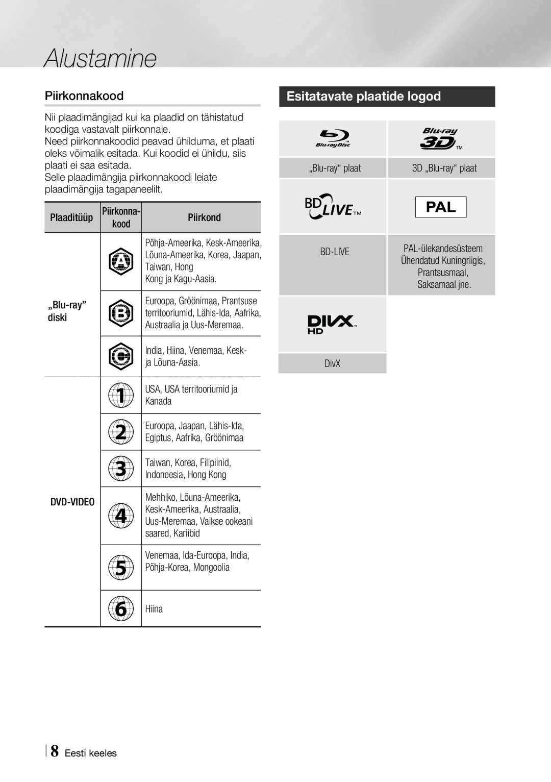 Samsung BD-F6500/EN manual Piirkonnakood, Esitatavate plaatide logod, Dvd-Video 