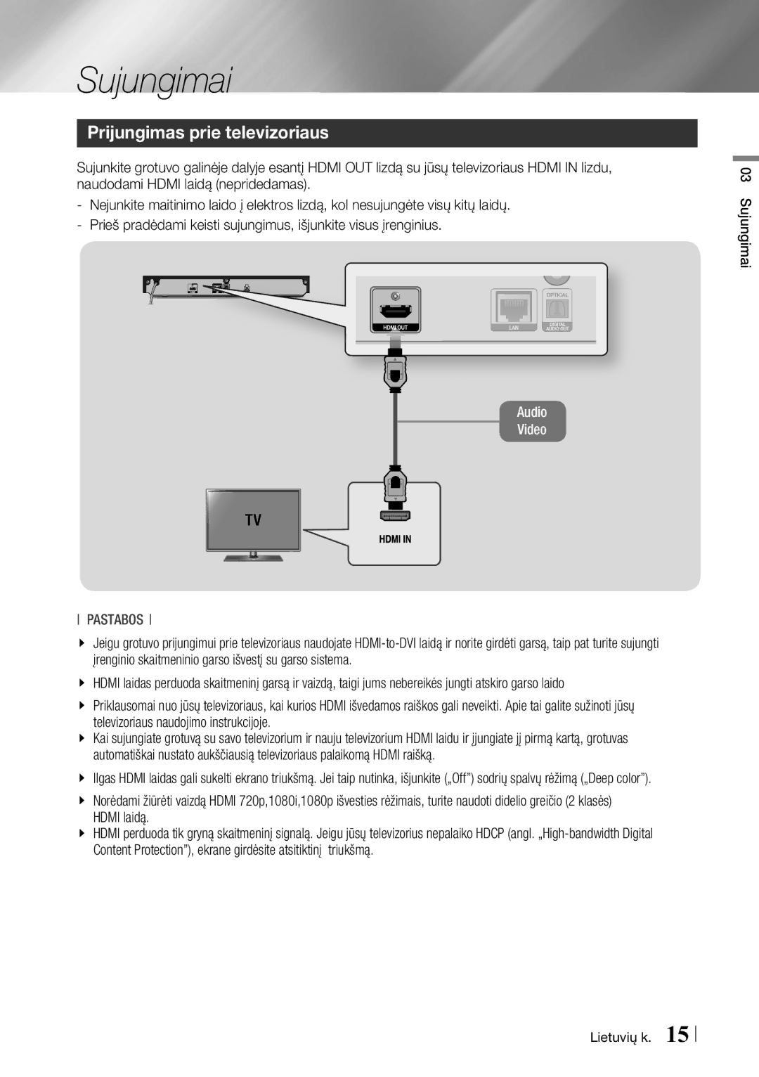 Samsung BD-F6500/EN manual Sujungimai, Prijungimas prie televizoriaus 