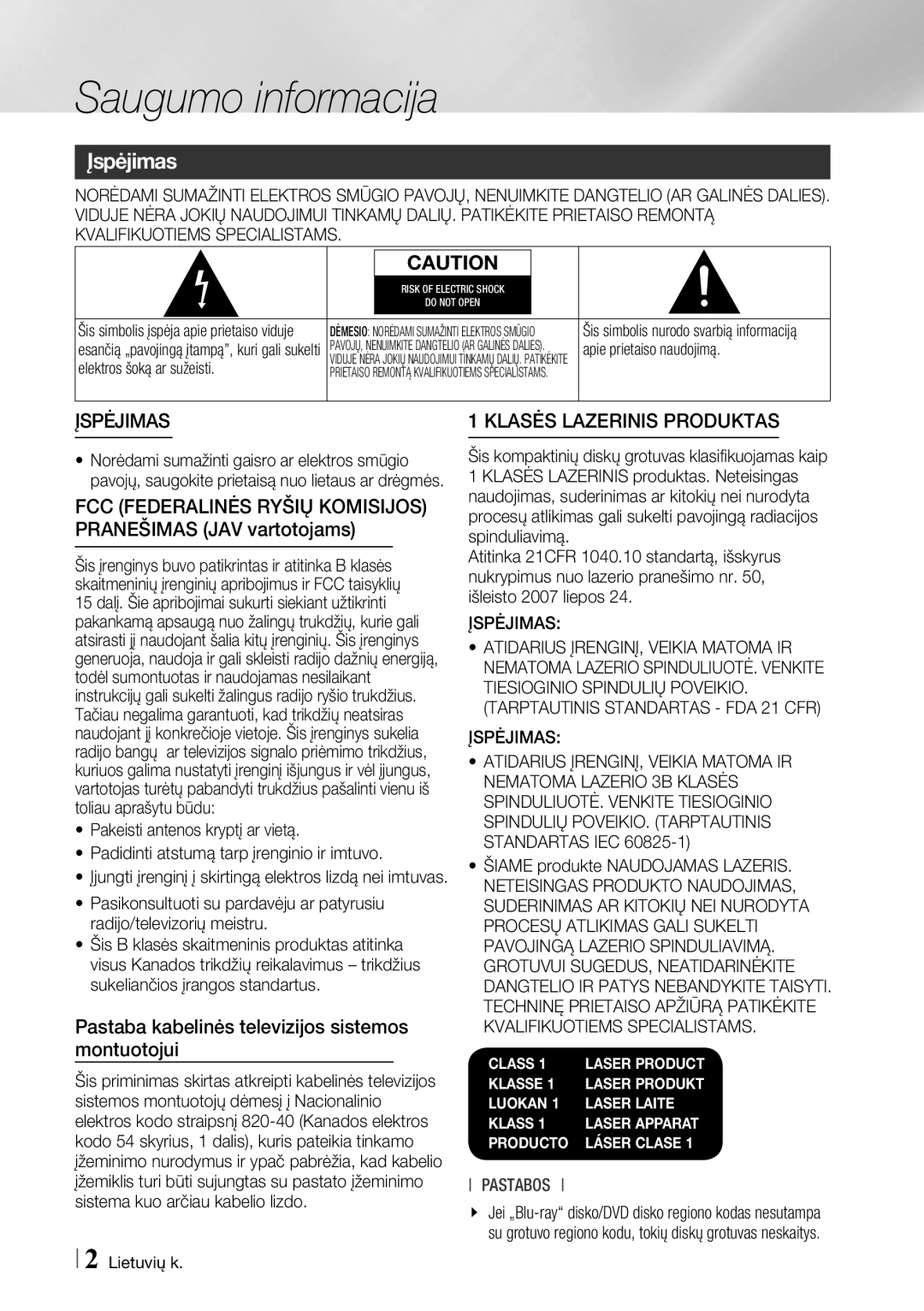 Samsung BD-F6500/EN manual Saugumo informacija, Įspėjimas, Pastaba kabelinės televizijos sistemos montuotojui 