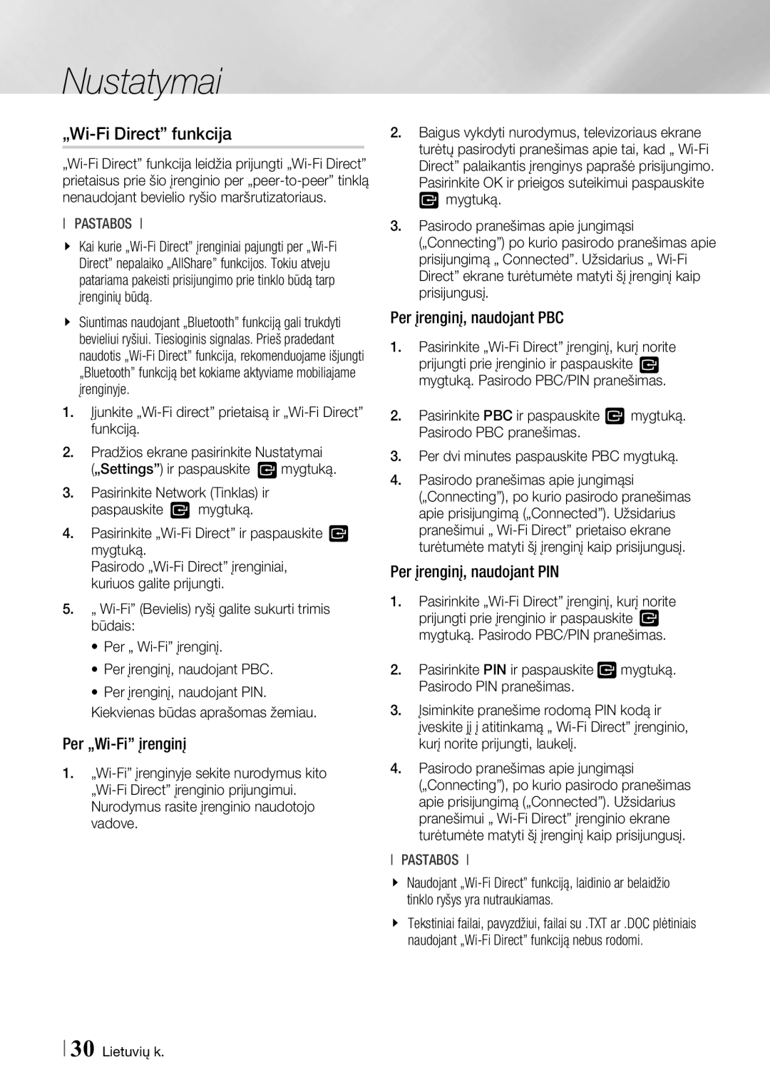 Samsung BD-F6500/EN „Wi-Fi Direct funkcija, Per „Wi-Fi įrenginį, Per įrenginį, naudojant PBC, Per įrenginį, naudojant PIN 