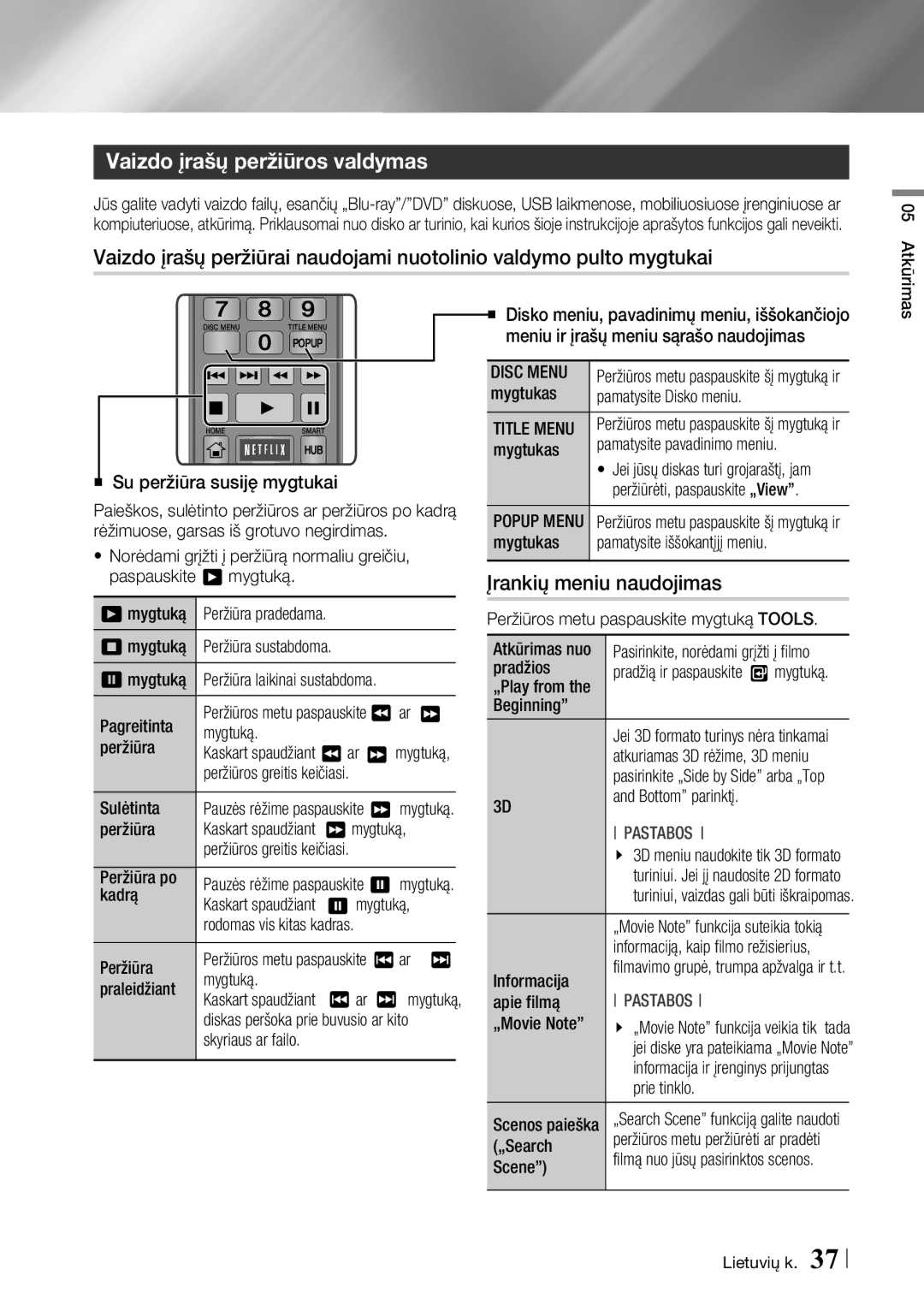 Samsung BD-F6500/EN manual Vaizdo įrašų peržiūros valdymas, Įrankių meniu naudojimas, Disc Menu, Title Menu 