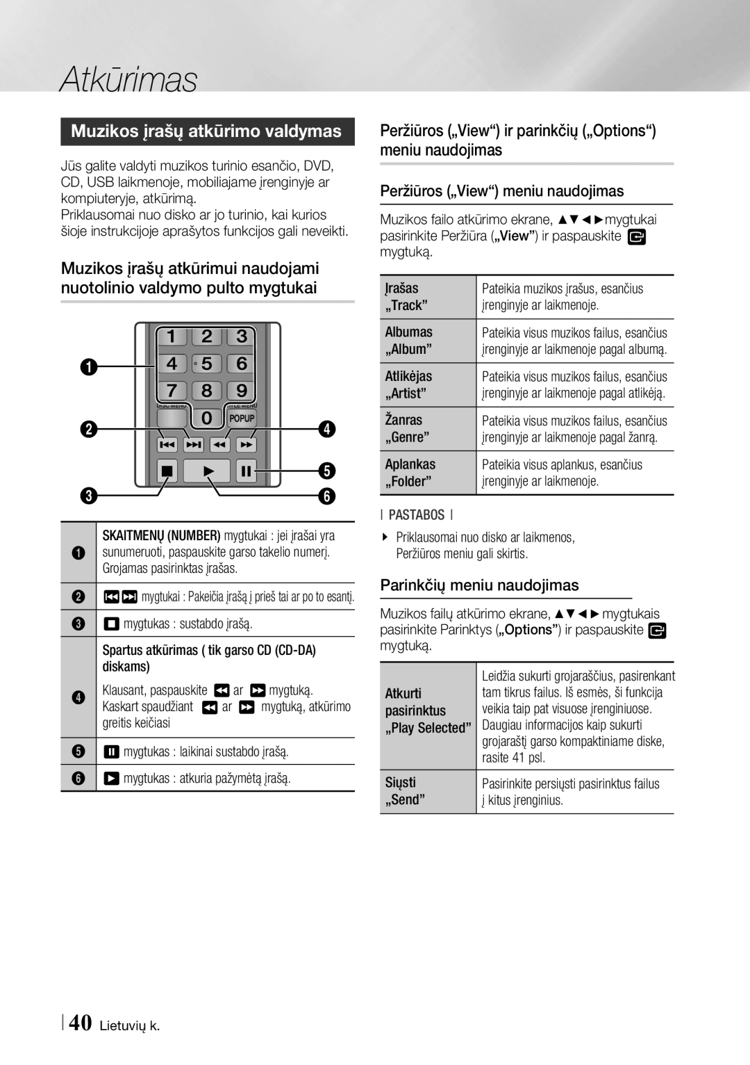 Samsung BD-F6500/EN manual Muzikos įrašų atkūrimo valdymas 