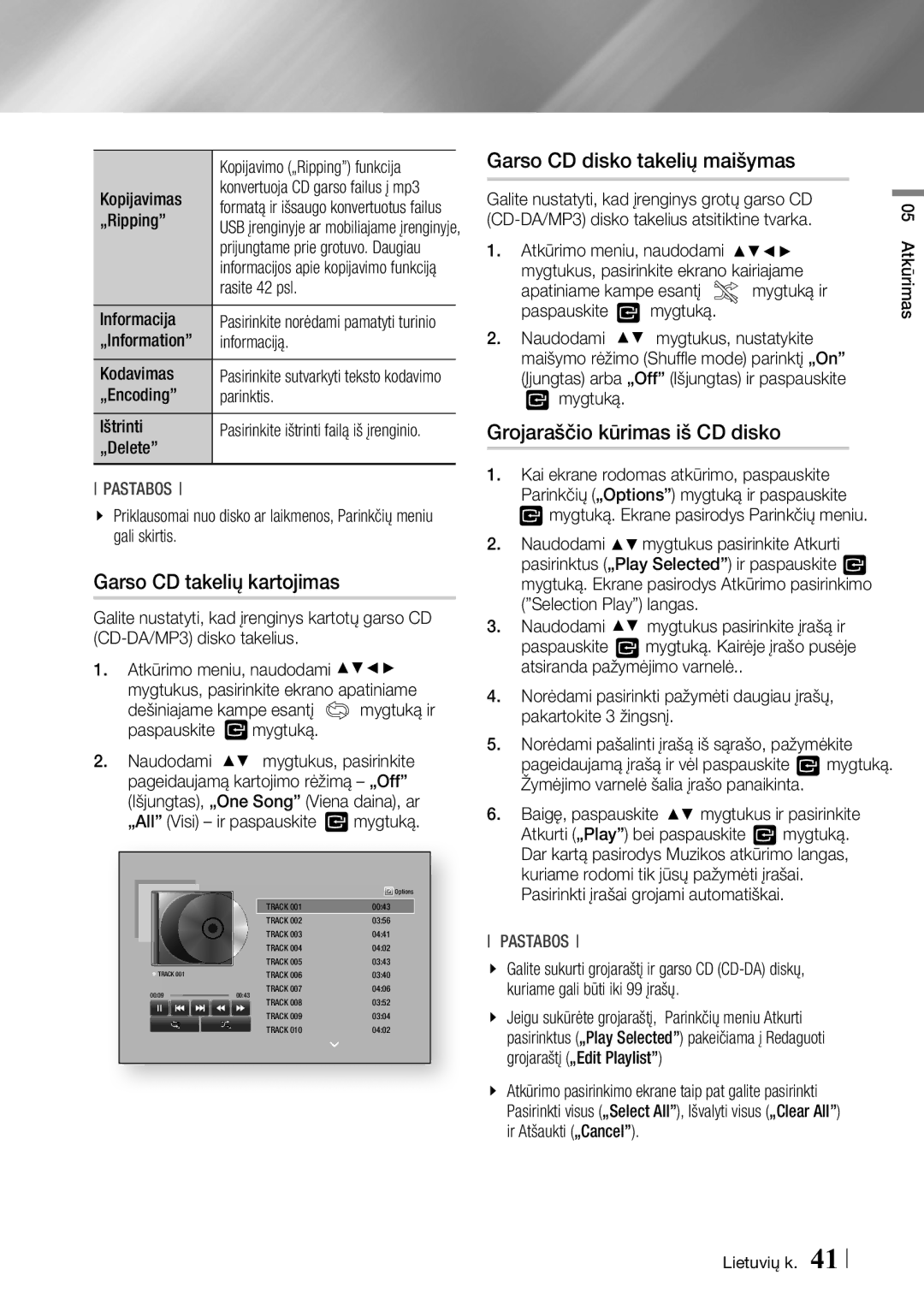 Samsung BD-F6500/EN manual Garso CD takelių kartojimas, Garso CD disko takelių maišymas, Grojaraščio kūrimas iš CD disko 