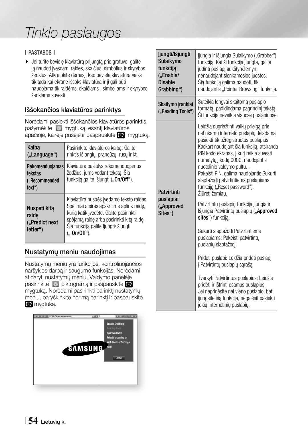 Samsung BD-F6500/EN manual Nustatymų meniu naudojimas, Iššokančios klaviatūros parinktys 