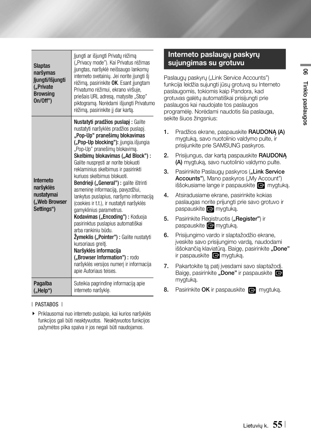 Samsung BD-F6500/EN manual Interneto paslaugų paskyrų Sujungimas su grotuvu 