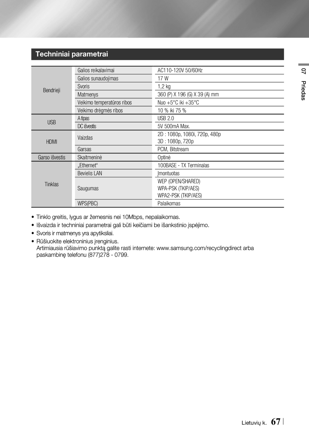 Samsung BD-F6500/EN manual Techniniai parametrai, Wep Open/Shared, Wpa-Psk Tkip/Aes, WPA2-PSK TKIP/AES 