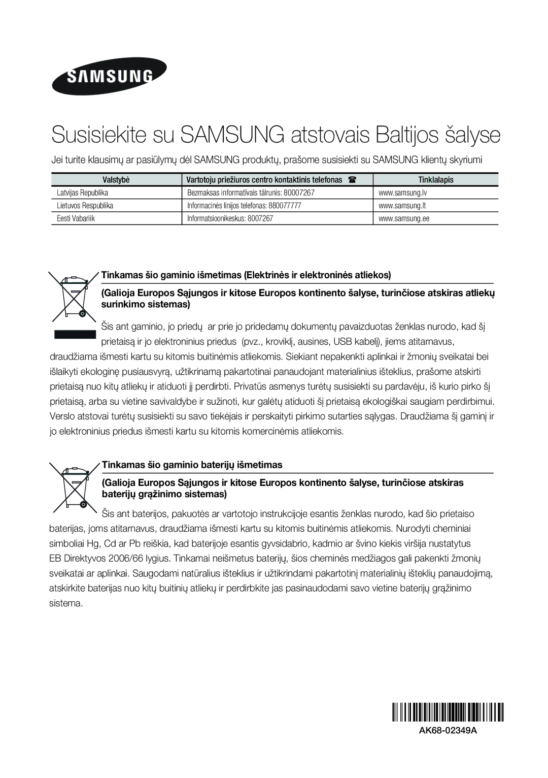 Samsung BD-F6500/EN manual Susisiekite su Samsung atstovais Baltijos šalyse 