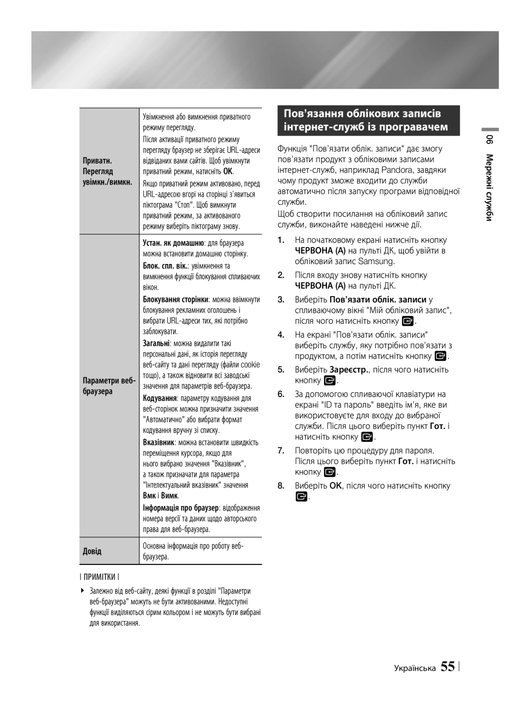 Samsung BD-F6500/RU manual Пов’язання облікових записів інтернет-служб із програвачем 