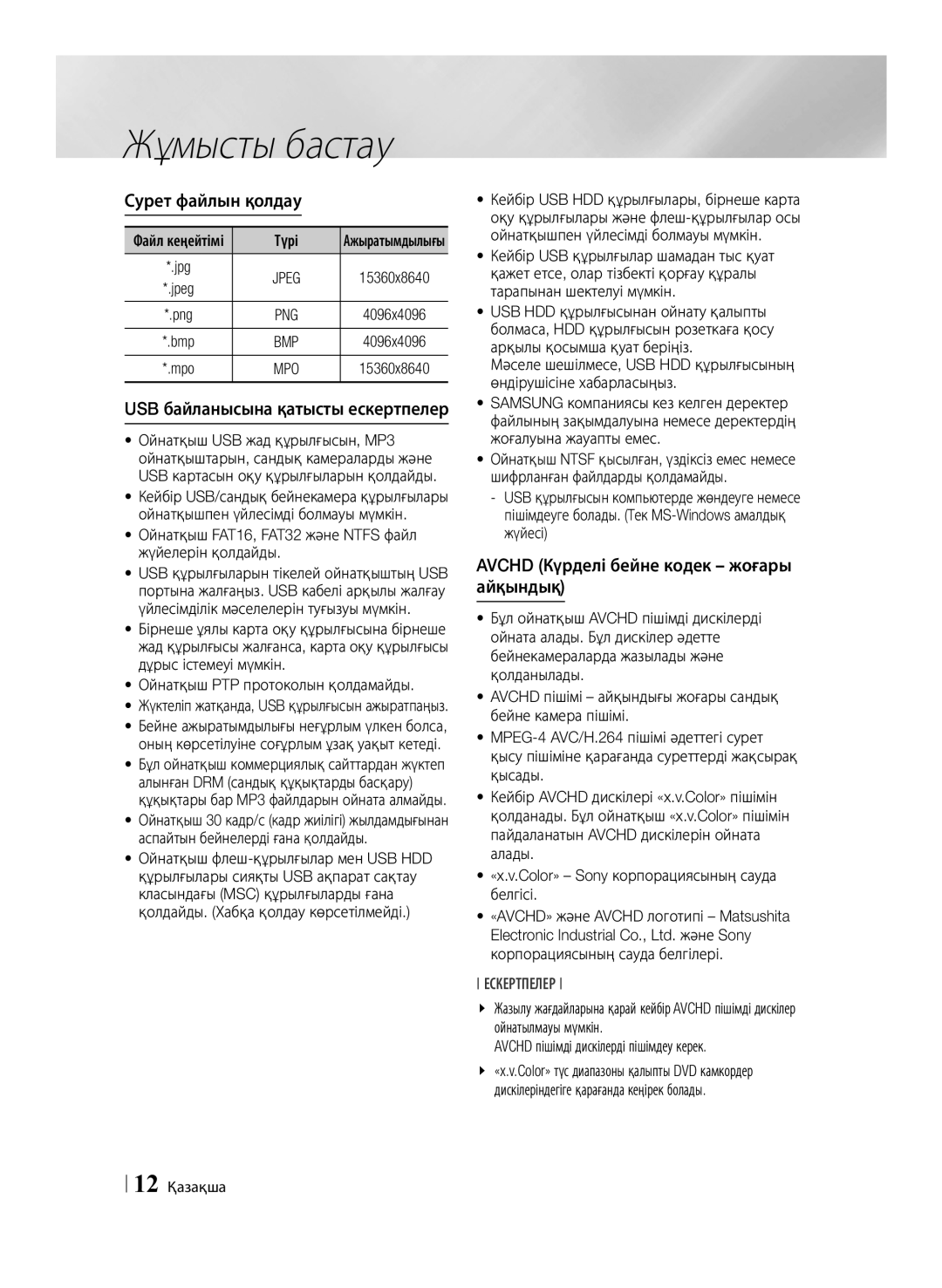 Samsung BD-F6500/RU Сурет файлын қолдау, USB байланысына қатысты ескертпелер, Avchd Күрделі бейне кодек жоғары айқындық 