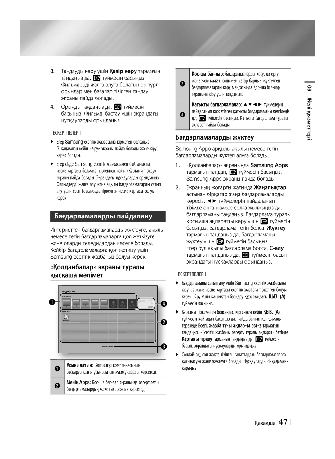 Samsung BD-F6500/RU manual Бағдарламаларды пайдалану, «Қолданбалар» экраны туралы қысқаша мәлімет, Бағдарламаларды жүктеу 