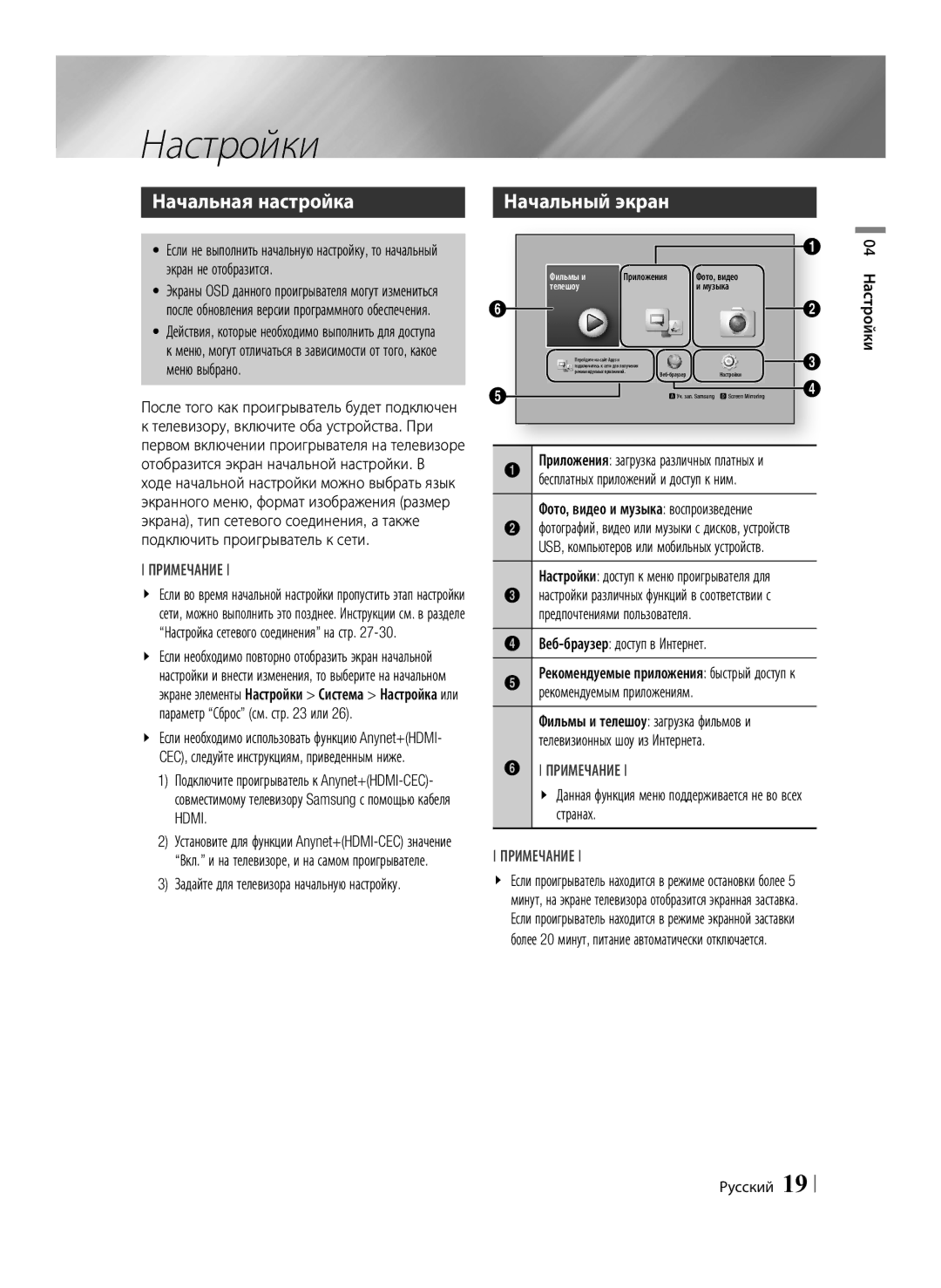 Samsung BD-F6500/RU manual Настройки, Начальная настройка 