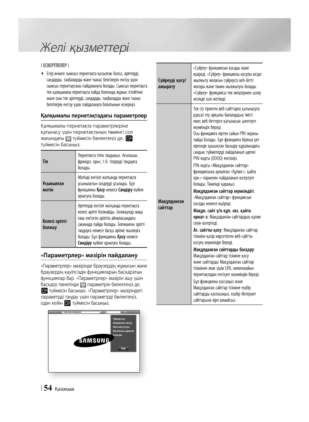 Samsung BD-F6500/RU manual «Параметрлер» мәзірін пайдалану 