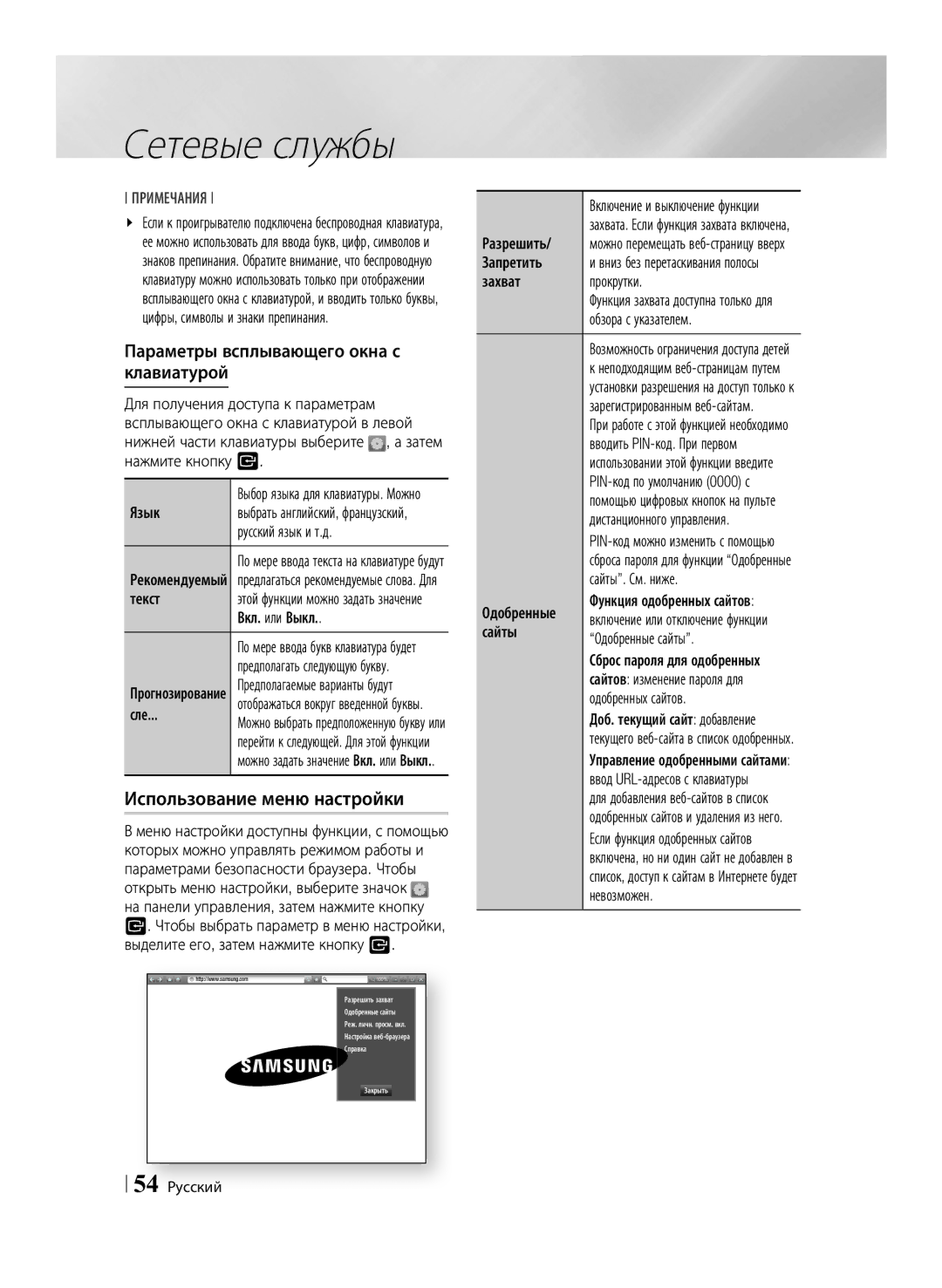 Samsung BD-F6500/RU manual Использование меню настройки, Параметры всплывающего окна с клавиатурой 