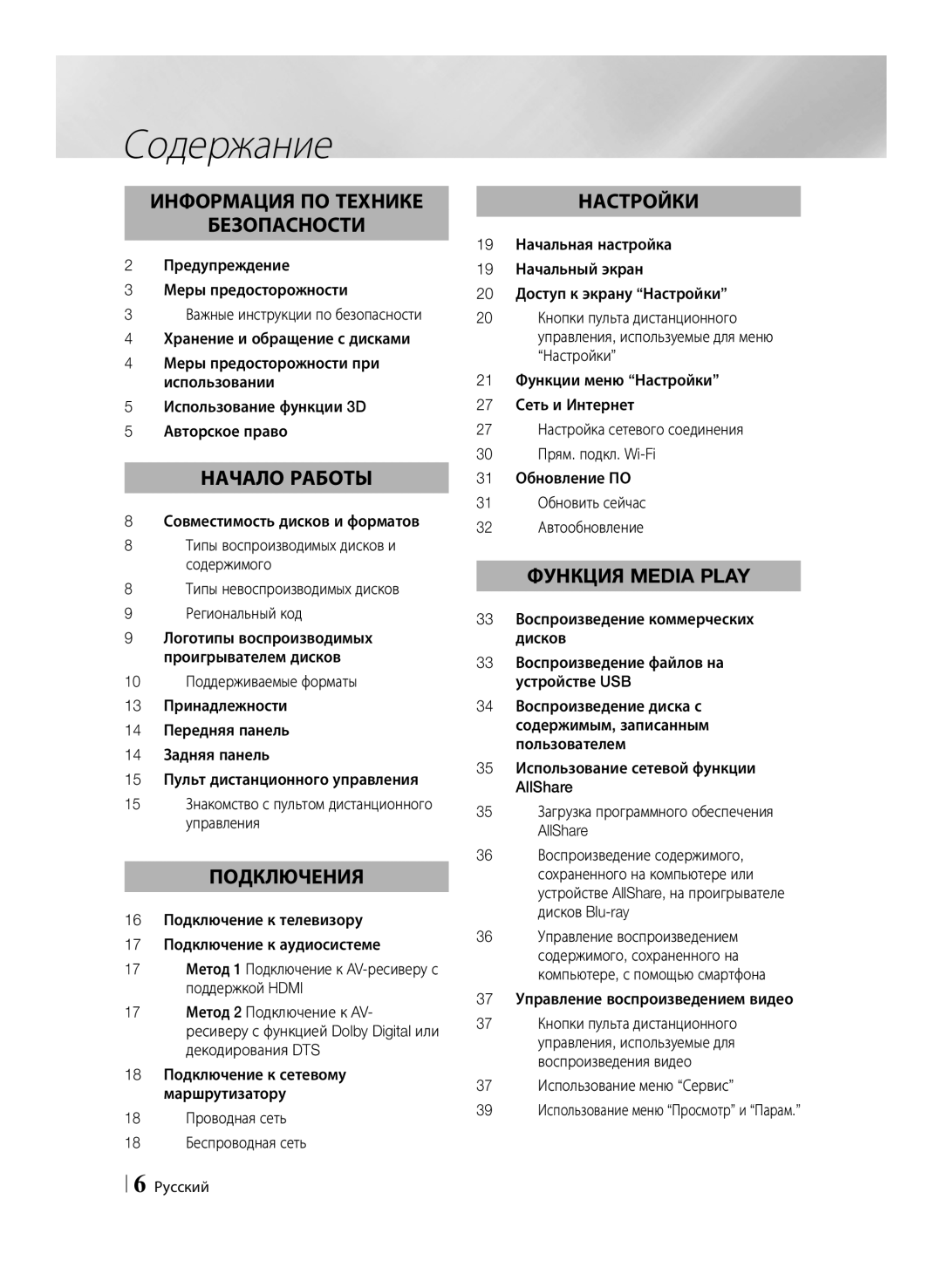 Samsung BD-F6500/RU manual Содержание, 18 Проводная сеть 18 Беспроводная сеть, 37 Управление воспроизведением видео 