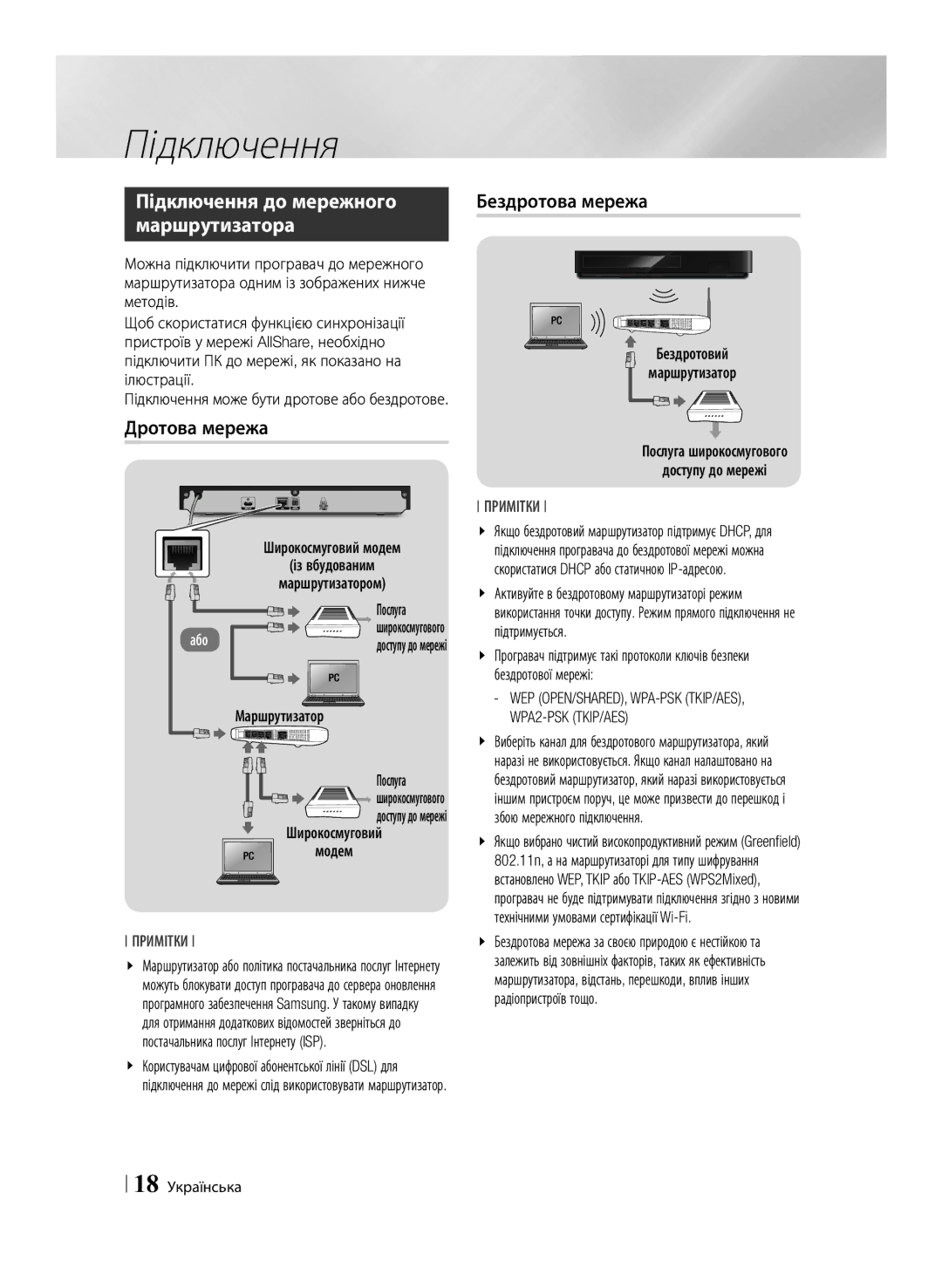 Samsung BD-F6500/RU manual Дротова мережа, Бездротова мережа, Послуга, 18 Українська 