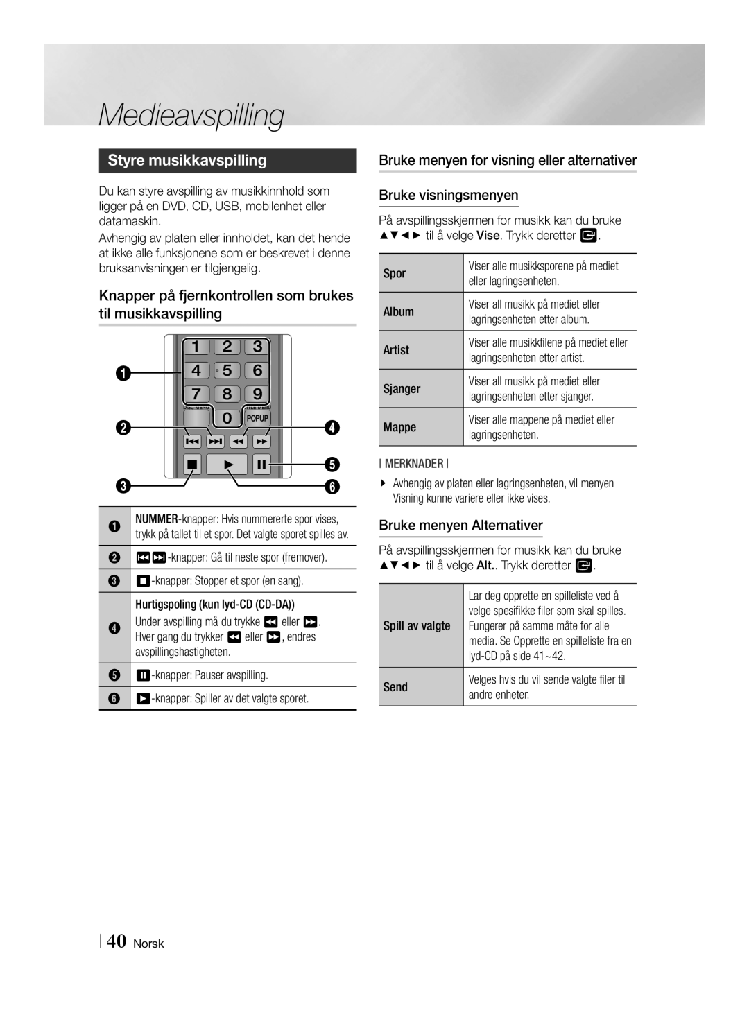 Samsung BD-F6500/XE manual Styre musikkavspilling, Knapper på fjernkontrollen som brukes til musikkavspilling 