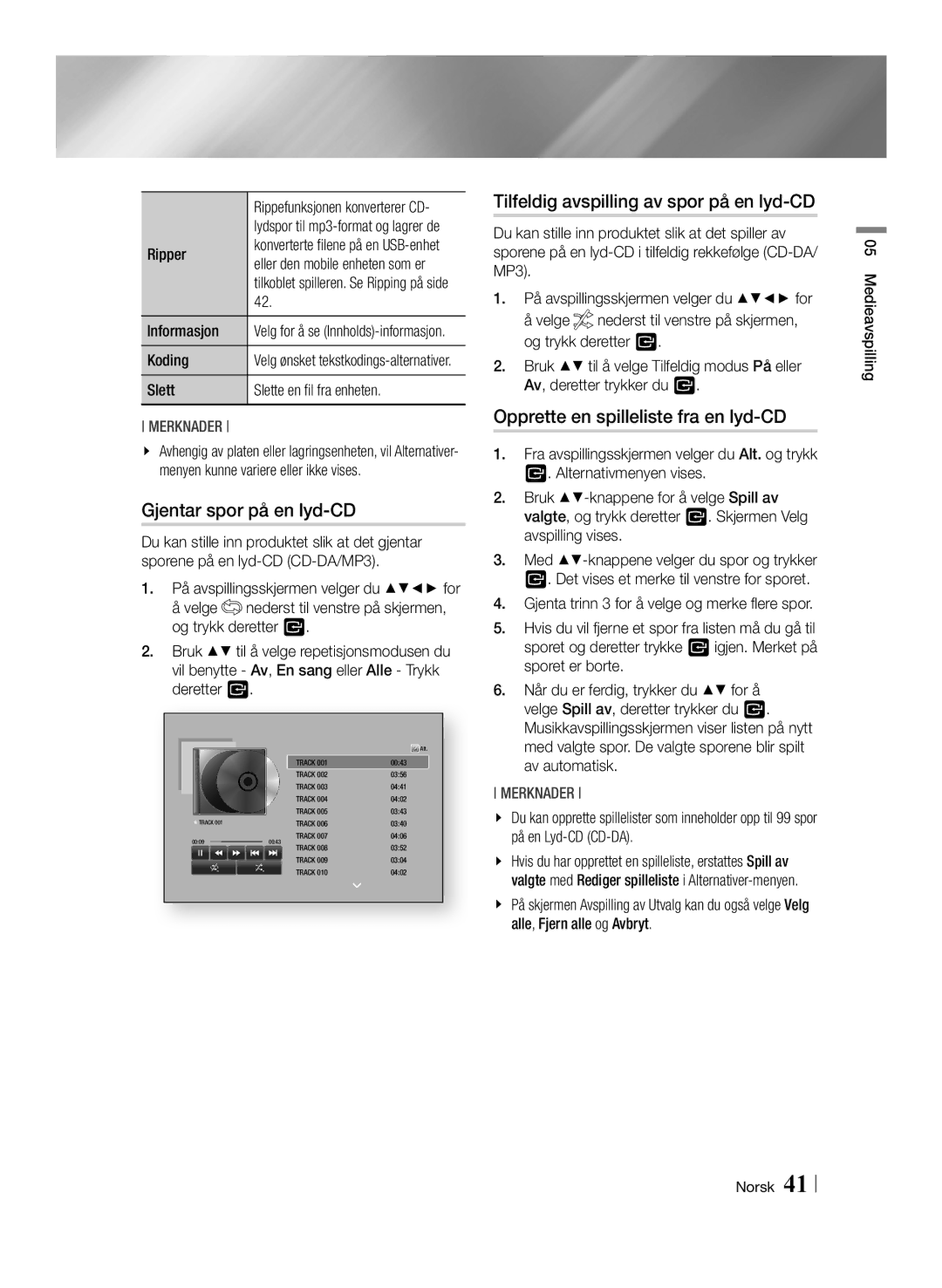 Samsung BD-F6500/XE manual Gjentar spor på en lyd-CD, Tilfeldig avspilling av spor på en lyd-CD 