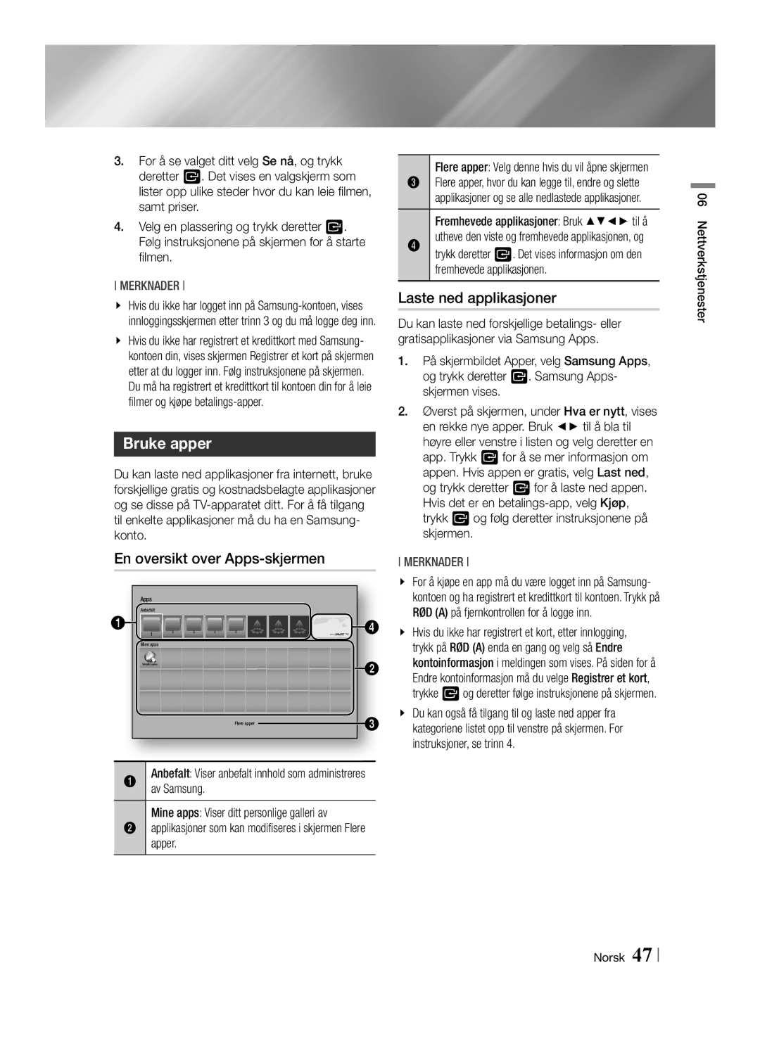 Samsung BD-F6500/XE manual Bruke apper, En oversikt over Apps-skjermen, Laste ned applikasjoner, Av Samsung 