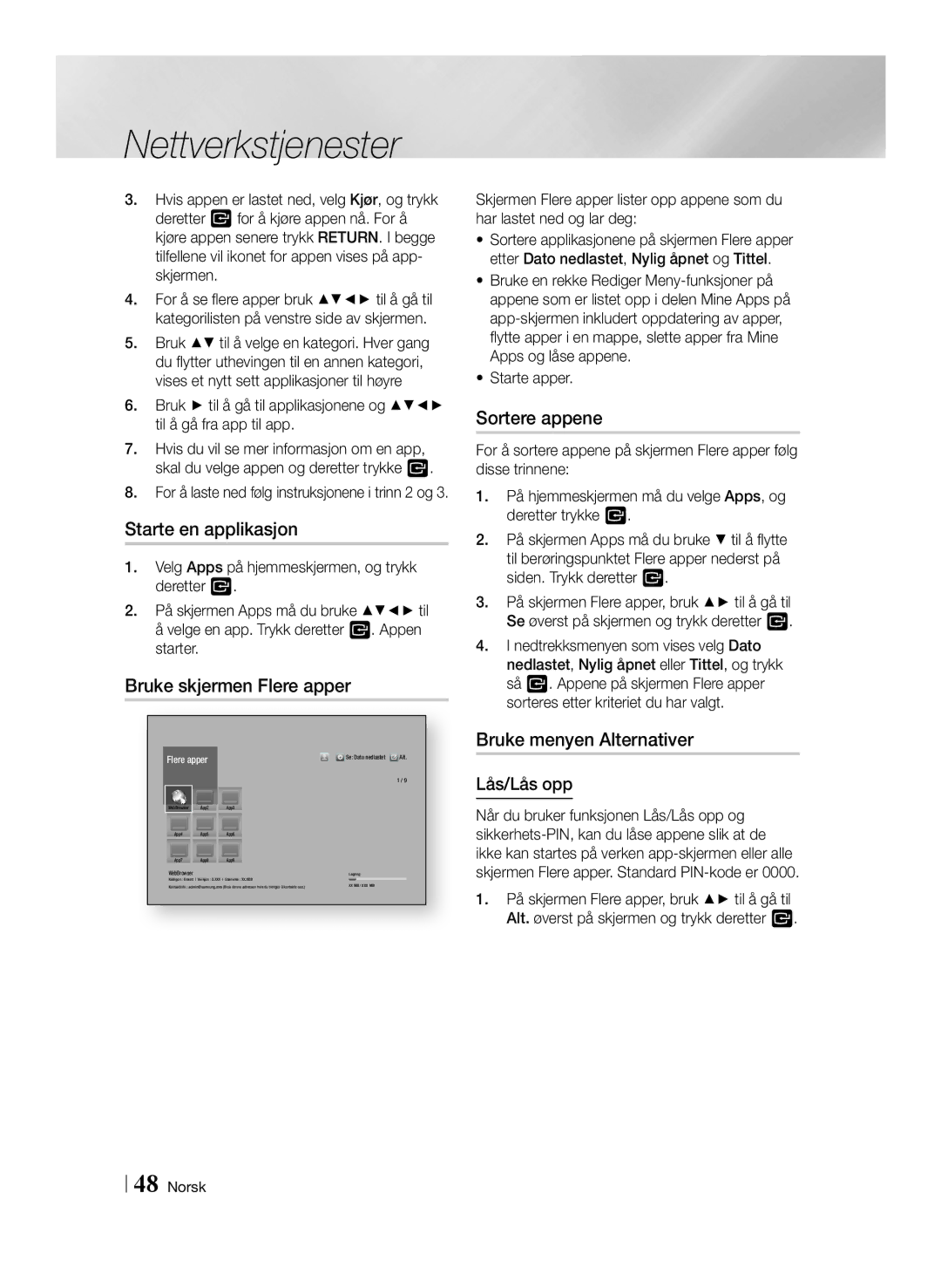 Samsung BD-F6500/XE manual Starte en applikasjon, Bruke skjermen Flere apper, Sortere appene, Bruke menyen Alternativer 