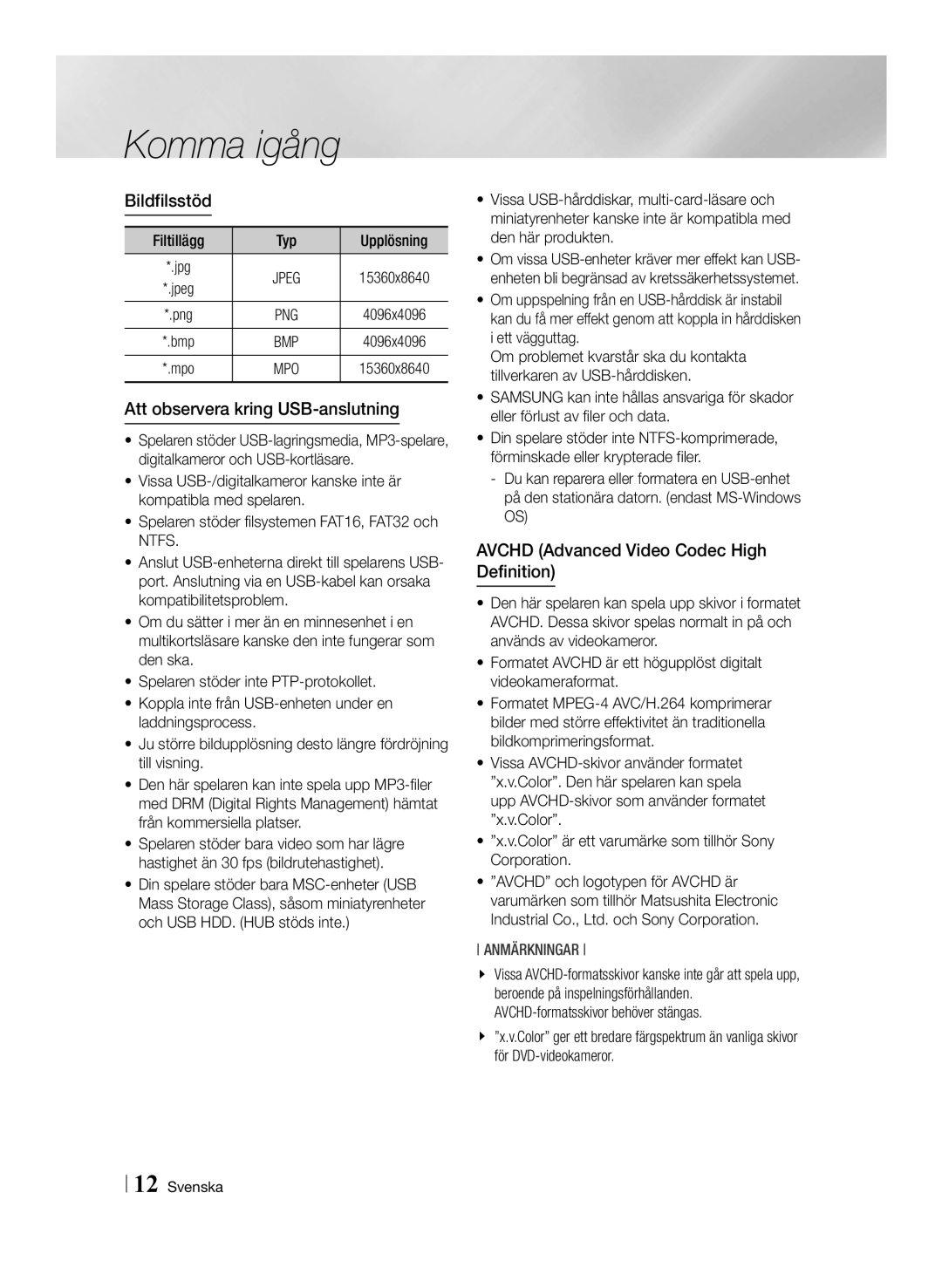 Samsung BD-F6500/XE manual Bildfilsstöd, Att observera kring USB-anslutning, Avchd Advanced Video Codec High Definition 