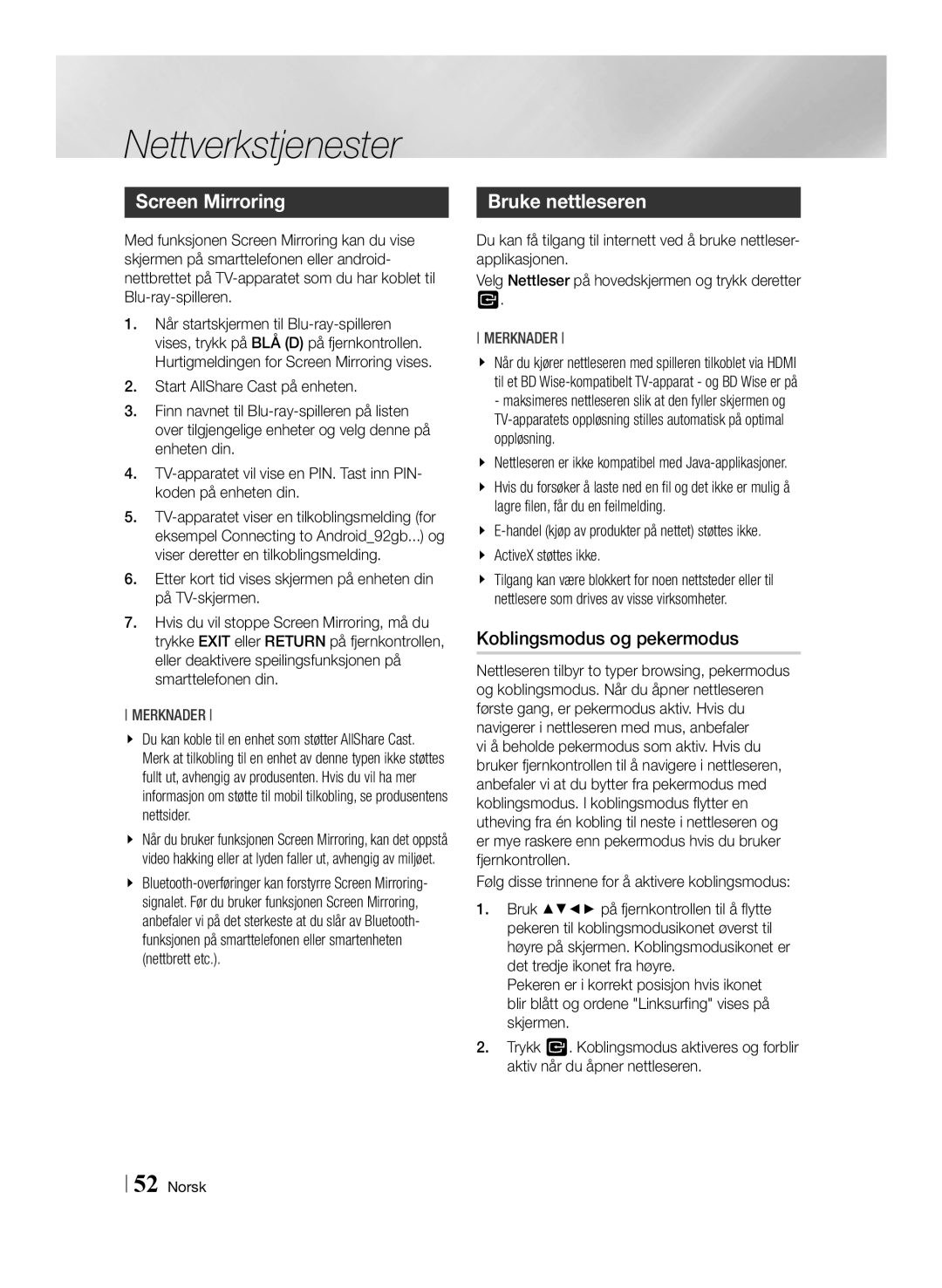 Samsung BD-F6500/XE manual Bruke nettleseren, Koblingsmodus og pekermodus, Følg disse trinnene for å aktivere koblingsmodus 