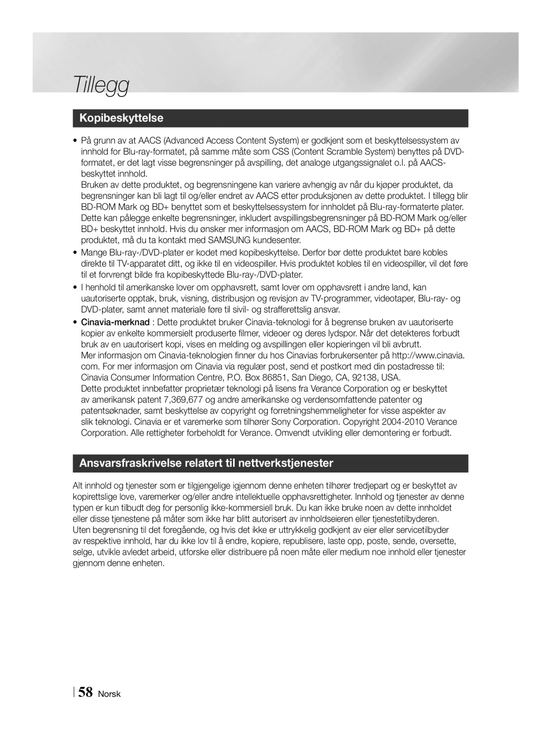 Samsung BD-F6500/XE manual Kopibeskyttelse, Ansvarsfraskrivelse relatert til nettverkstjenester 