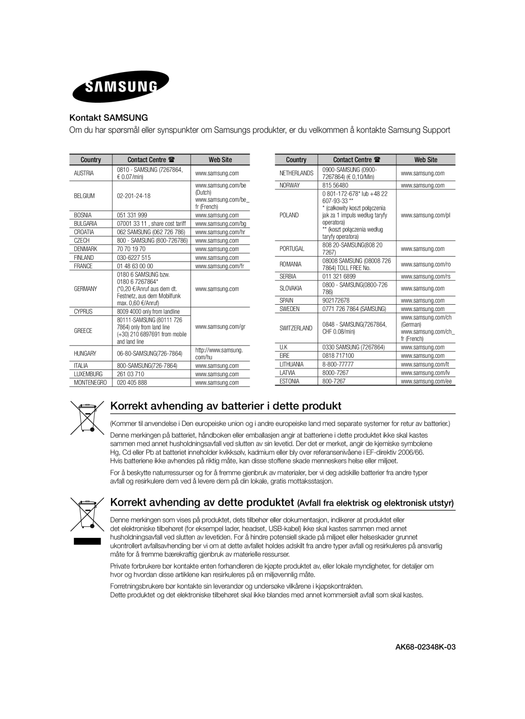 Samsung BD-F6500/XE manual Korrekt avhending av batterier i dette produkt, Kontakt Samsung 