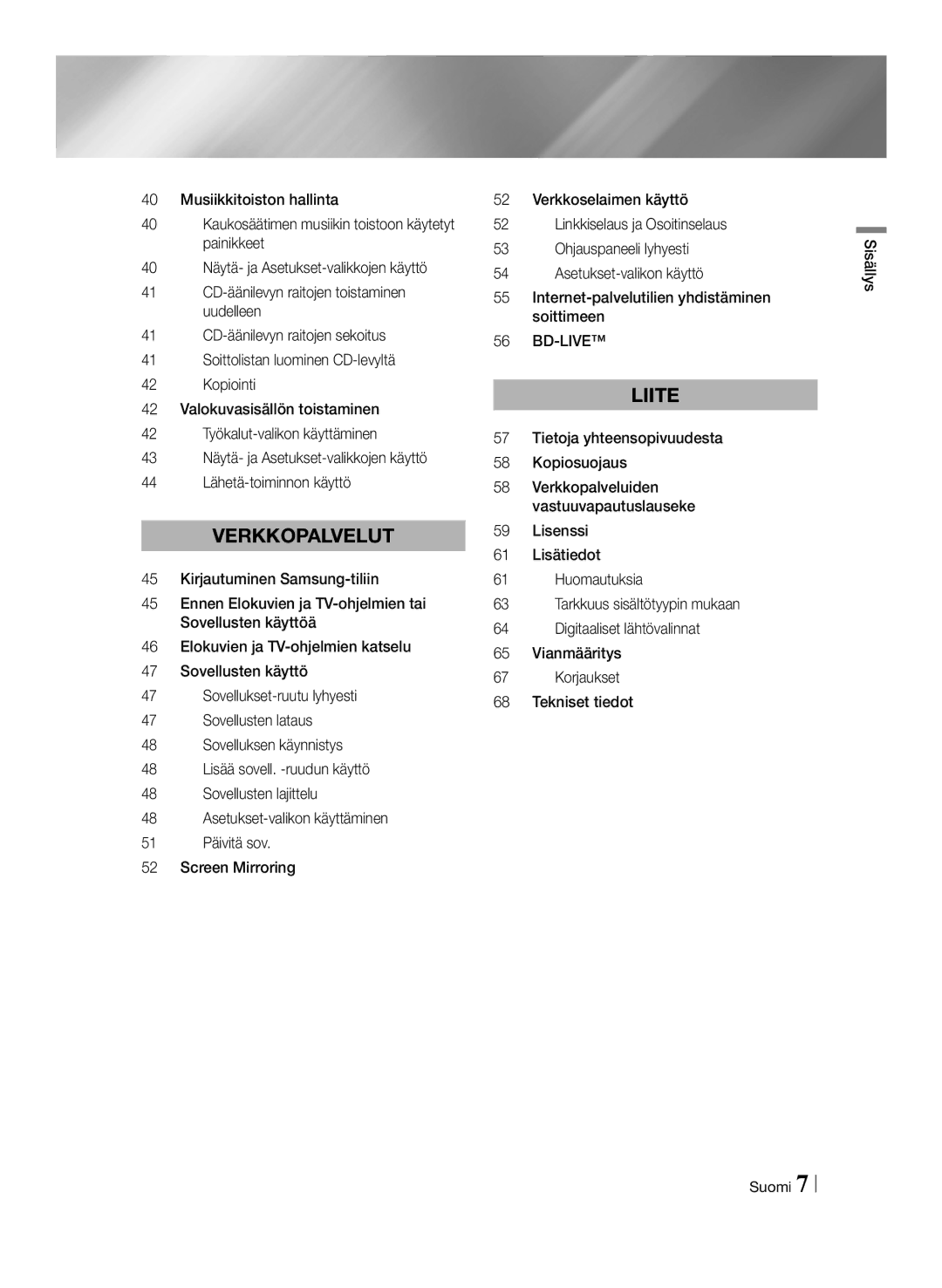 Samsung BD-F6500/XE manual Verkkopalvelut, Sisällys Suomi 