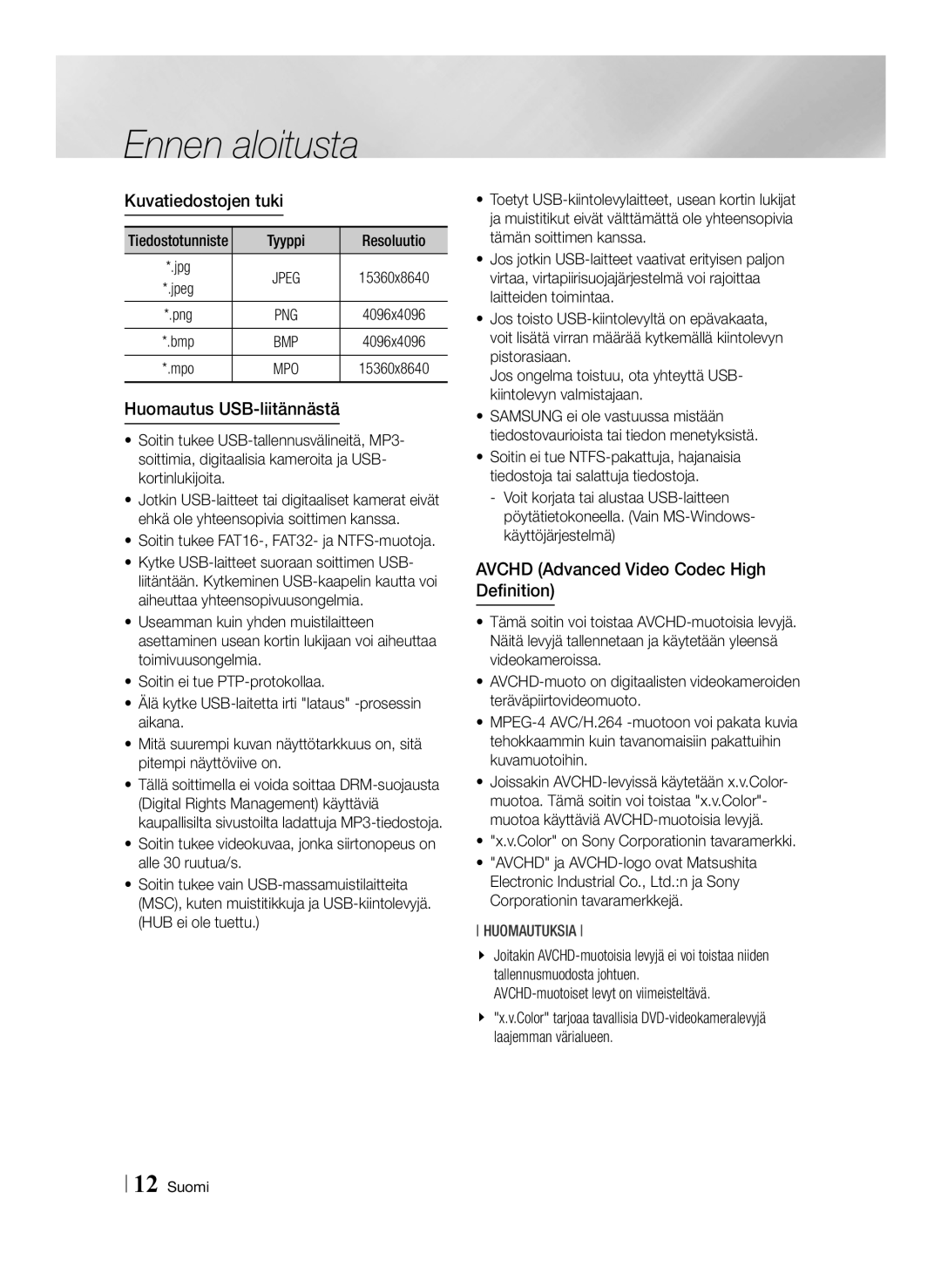 Samsung BD-F6500/XE Kuvatiedostojen tuki, Huomautus USB-liitännästä, Resoluutio, Color on Sony Corporationin tavaramerkki 