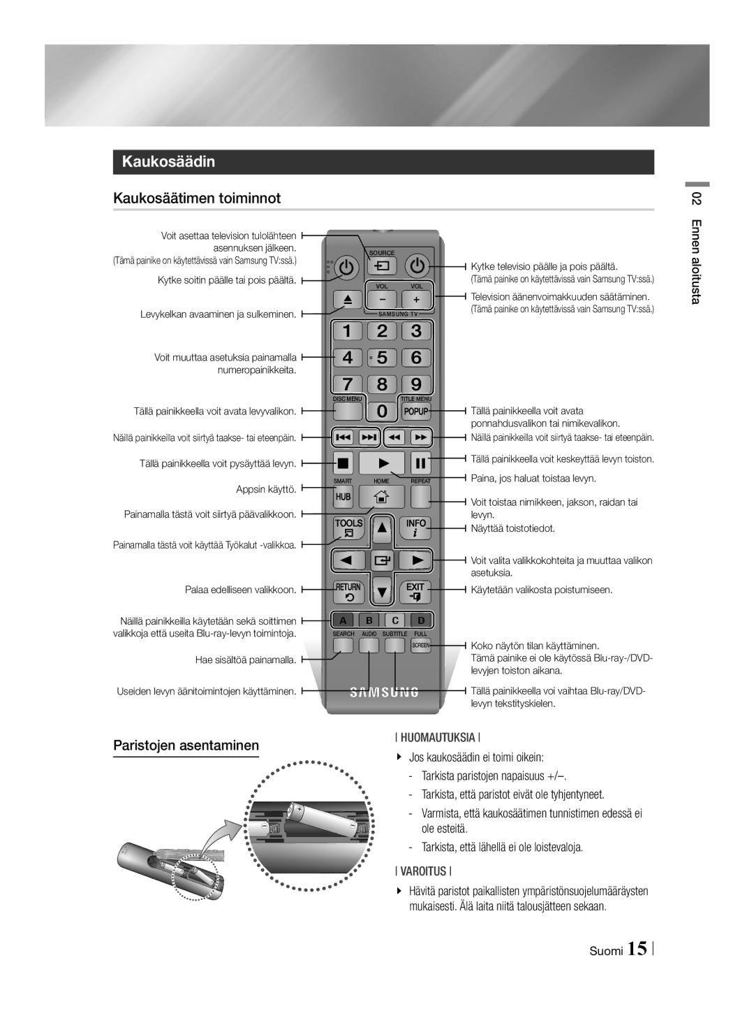 Samsung BD-F6500/XE manual Kaukosäädin, Kaukosäätimen toiminnot, Paristojen asentaminen 