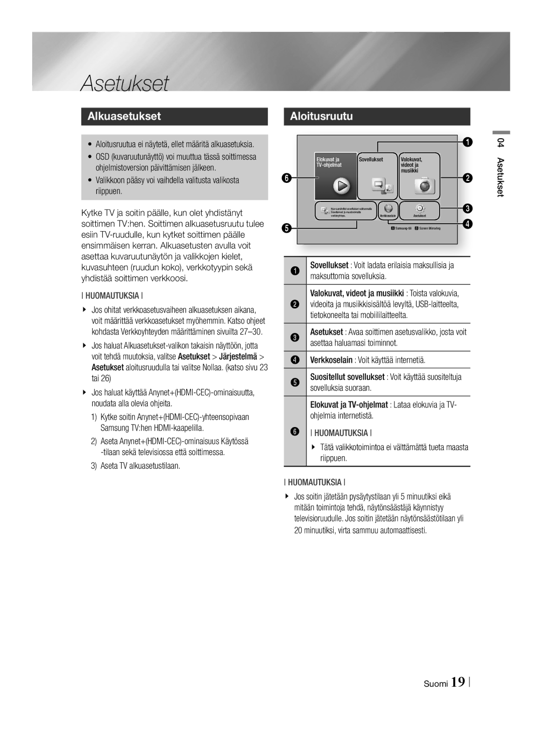 Samsung BD-F6500/XE manual Asetukset, Alkuasetukset, Aloitusruutu 