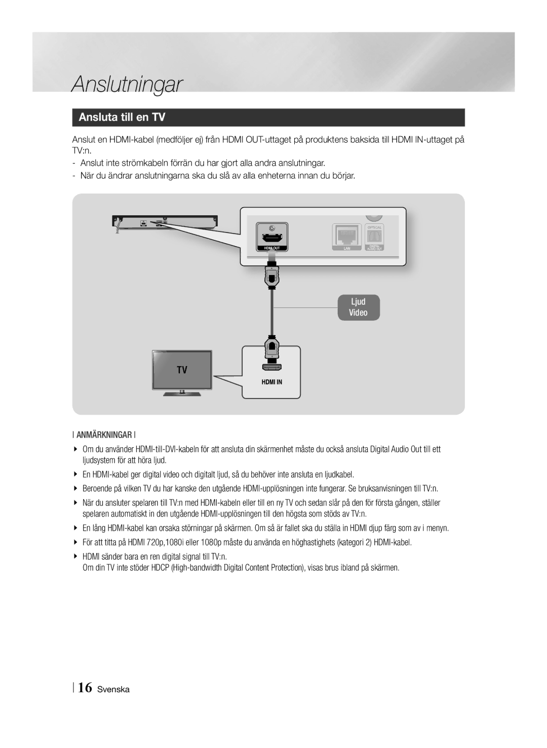 Samsung BD-F6500/XE manual Anslutningar, Ansluta till en TV 