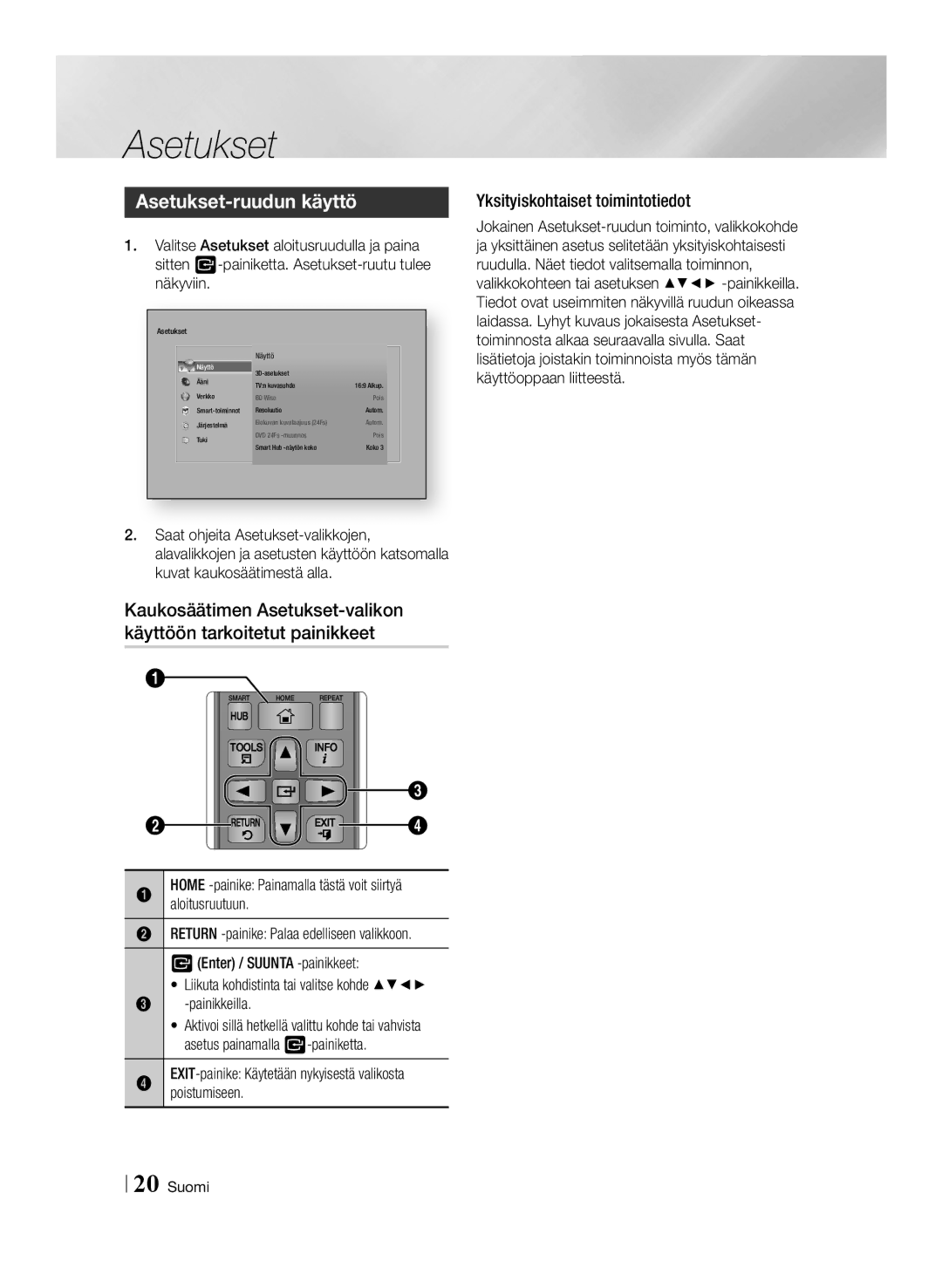 Samsung BD-F6500/XE manual Asetukset-ruudun käyttö, Yksityiskohtaiset toimintotiedot 