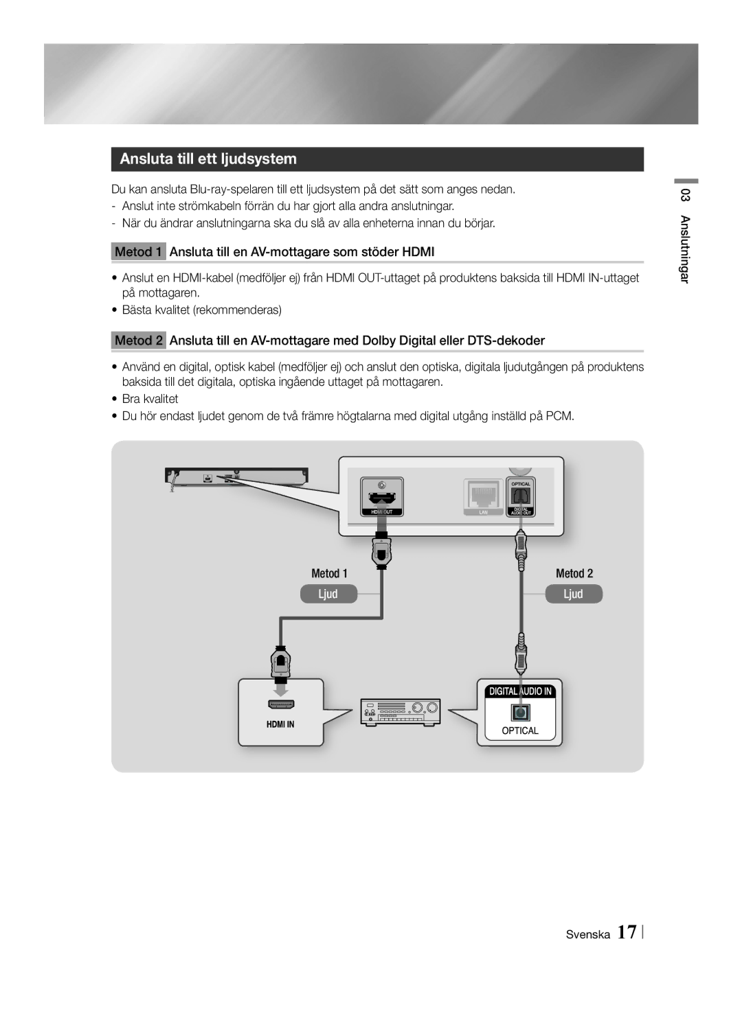 Samsung BD-F6500/XE manual Ansluta till ett ljudsystem, Metod, Anslutningar 