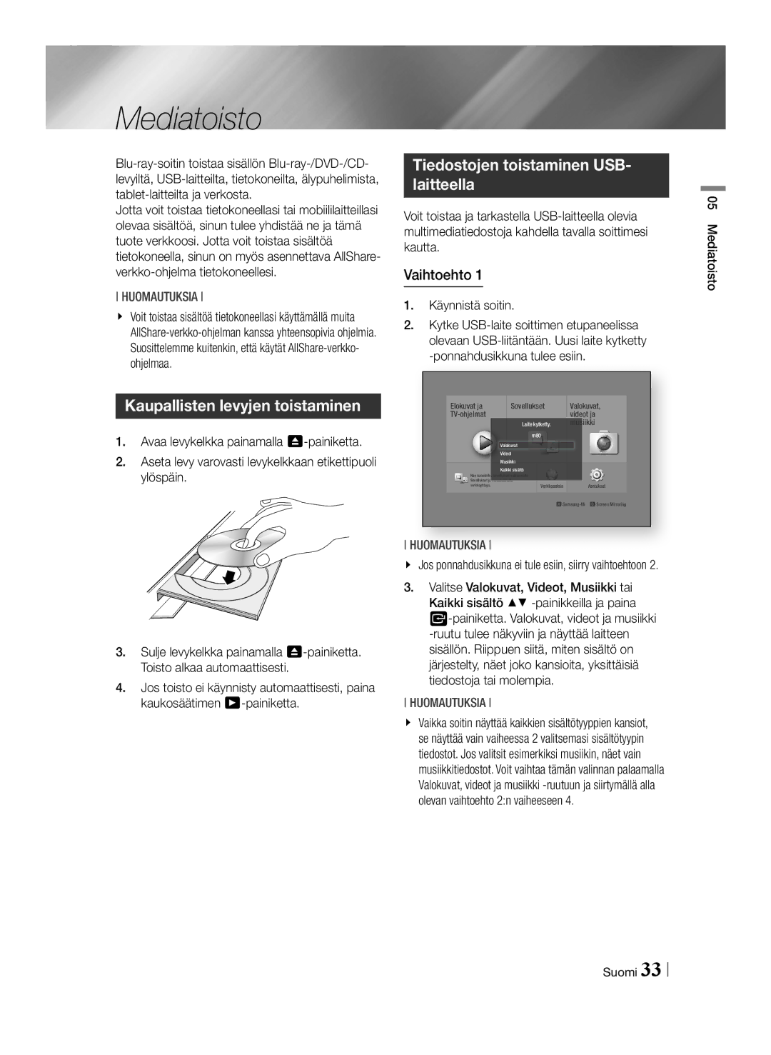 Samsung BD-F6500/XE Mediatoisto, Kaupallisten levyjen toistaminen, Tiedostojen toistaminen USB- laitteella, Vaihtoehto 