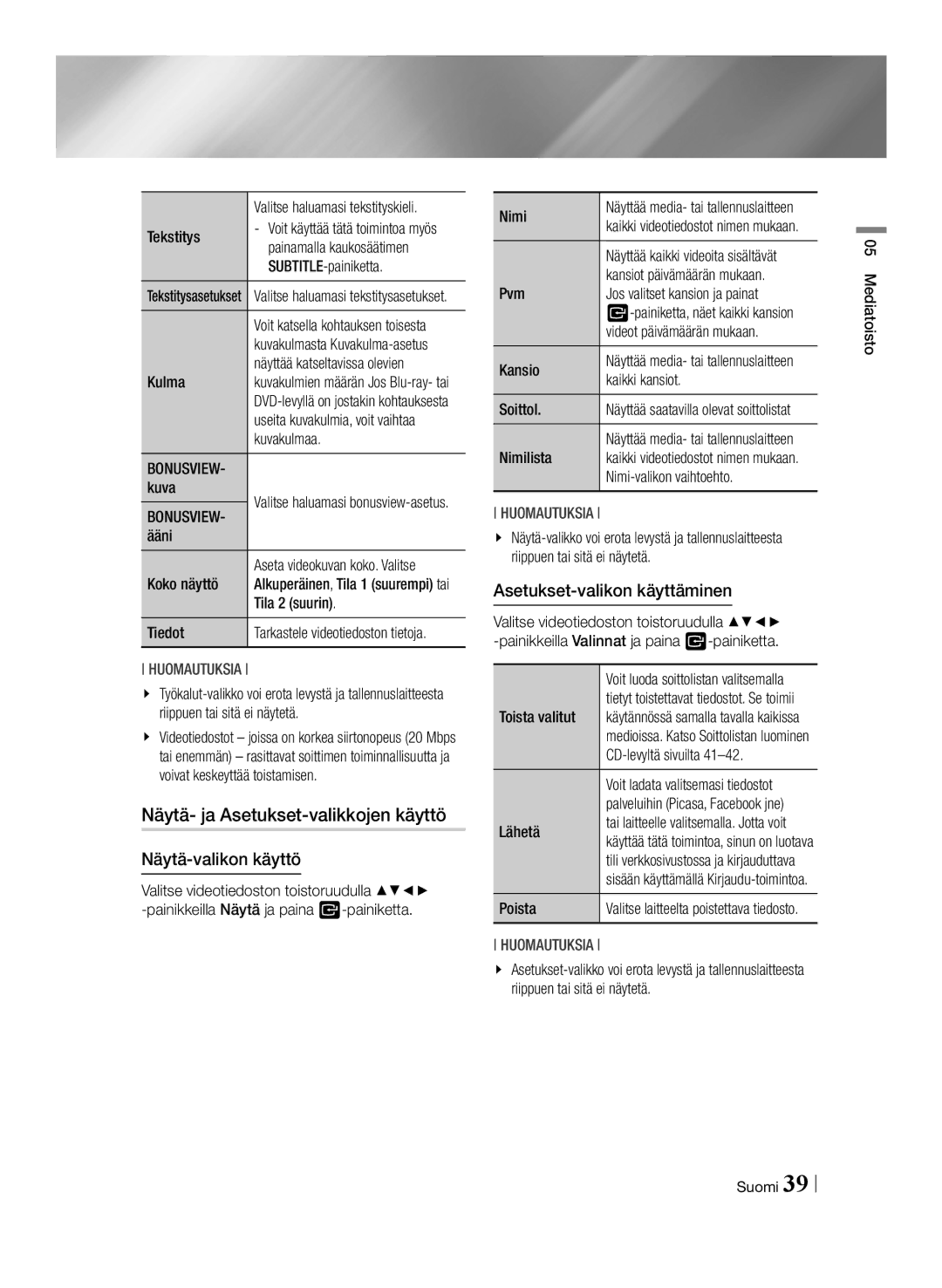 Samsung BD-F6500/XE manual Näytä- ja Asetukset-valikkojen käyttö, Näytä-valikon käyttö, Asetukset-valikon käyttäminen 