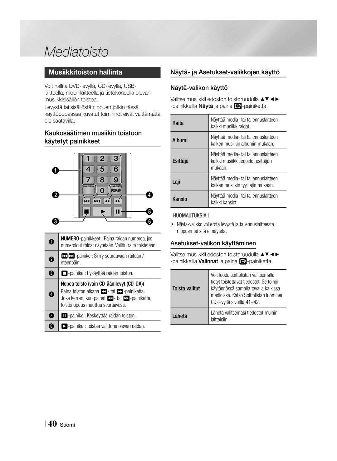 Samsung BD-F6500/XE manual Musiikkitoiston hallinta, Kaukosäätimen musiikin toistoon käytetyt painikkeet 