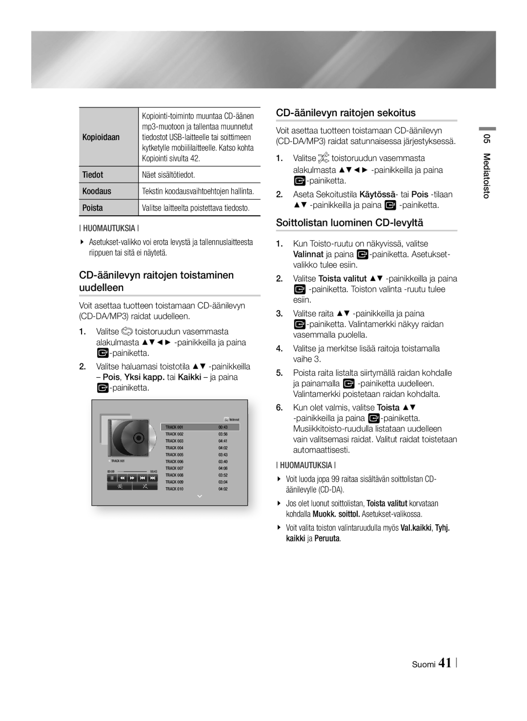 Samsung BD-F6500/XE manual CD-äänilevyn raitojen toistaminen uudelleen, CD-äänilevyn raitojen sekoitus 