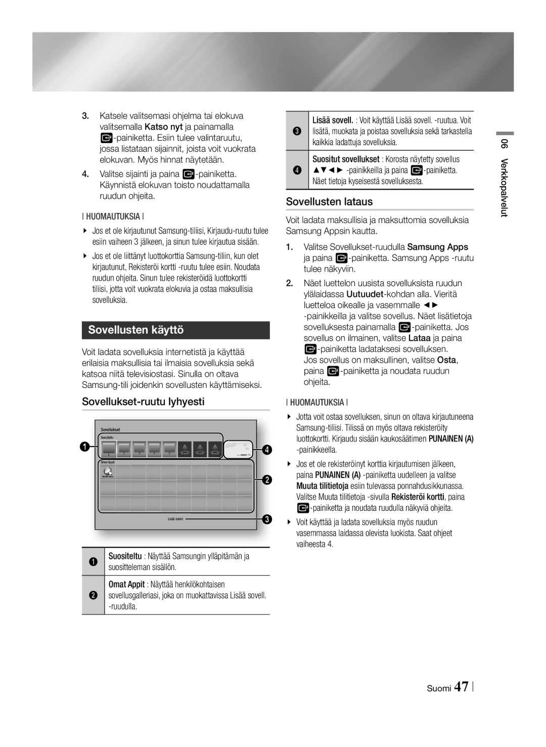 Samsung BD-F6500/XE manual Sovellusten käyttö, Sovellukset-ruutu lyhyesti, Sovellusten lataus 