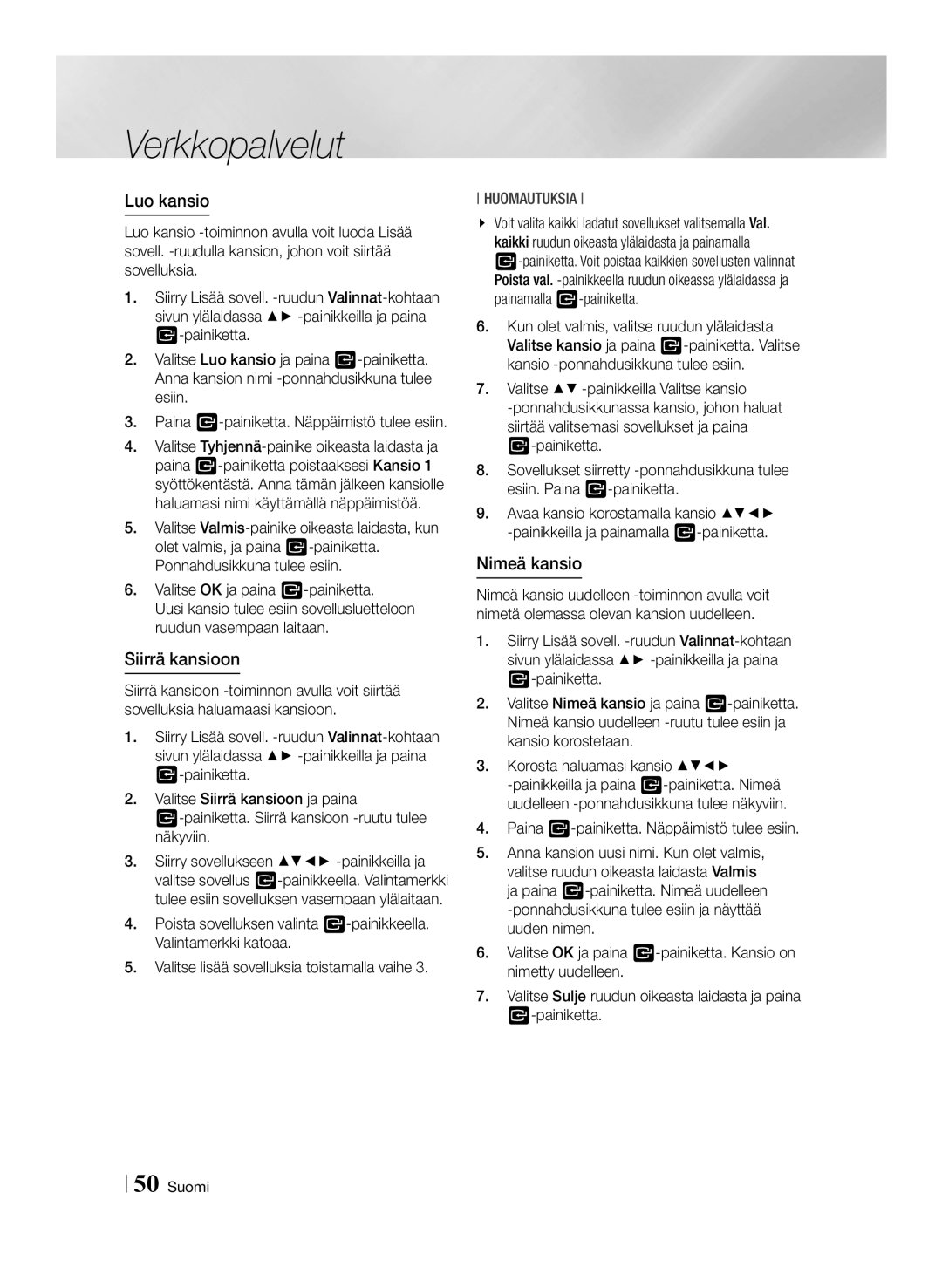 Samsung BD-F6500/XE manual Luo kansio, Siirrä kansioon, Nimeä kansio 