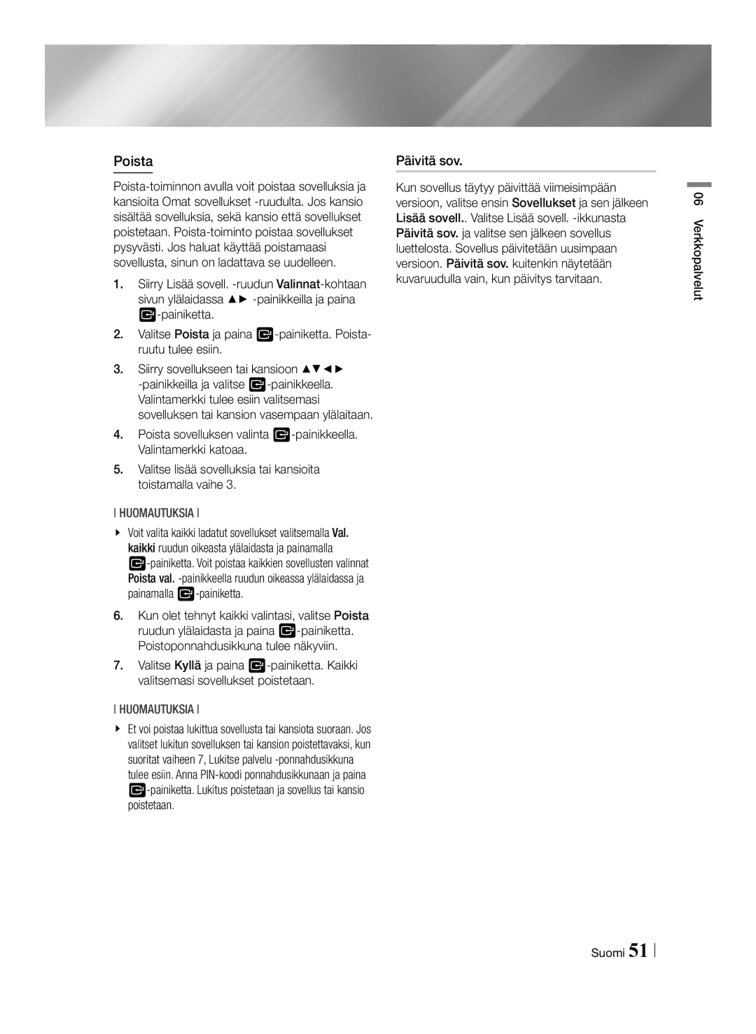 Samsung BD-F6500/XE manual Poista, Päivitä sov 