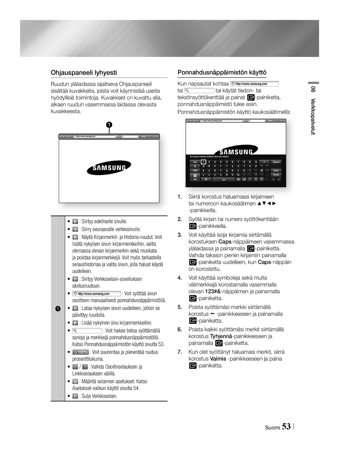 Samsung BD-F6500/XE manual Ohjauspaneeli lyhyesti, Ponnahdusnäppäimistön käyttö, Lisää nykyinen sivu kirjanmerkkeihin 