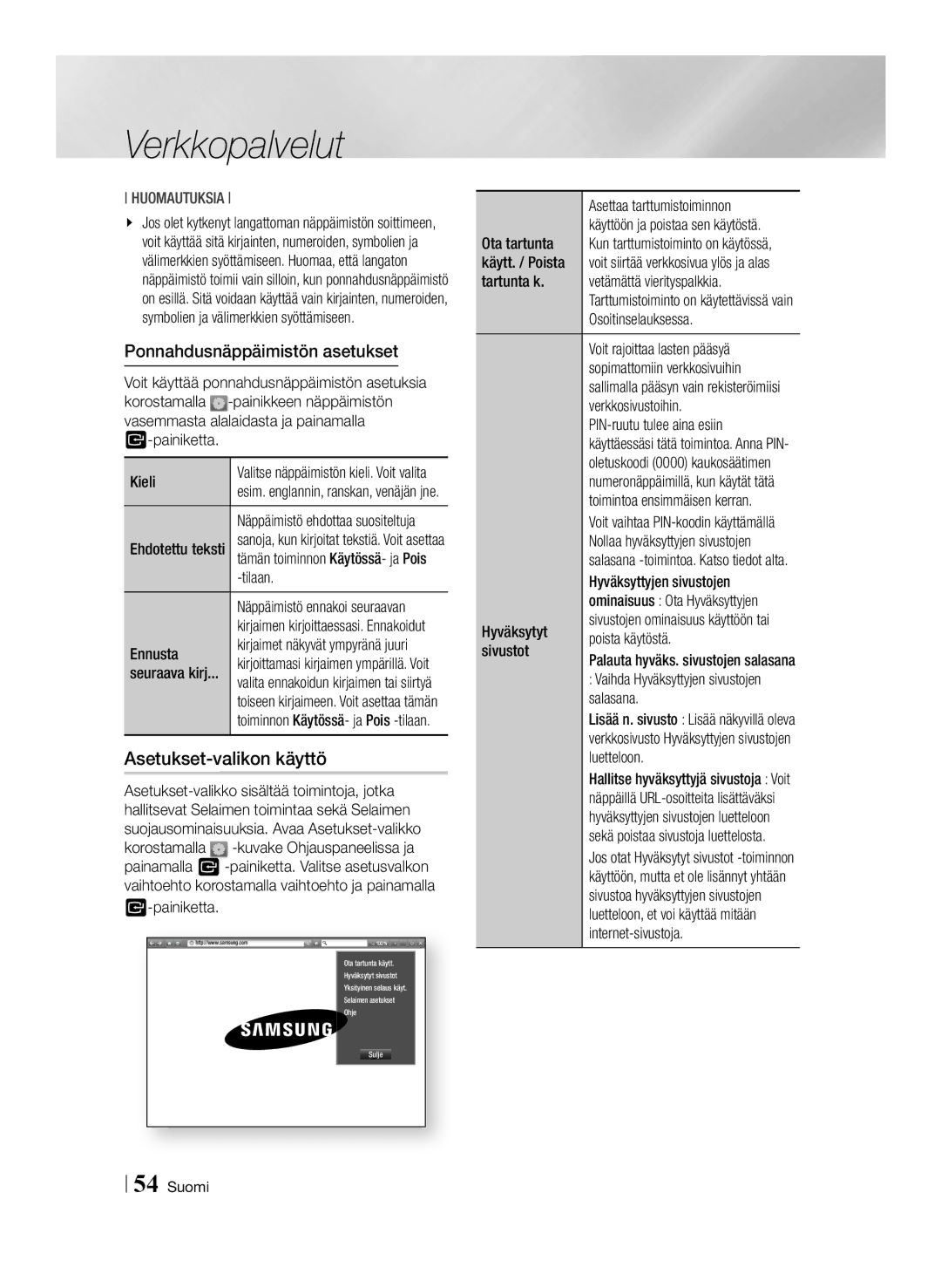 Samsung BD-F6500/XE manual Asetukset-valikon käyttö, Ponnahdusnäppäimistön asetukset 