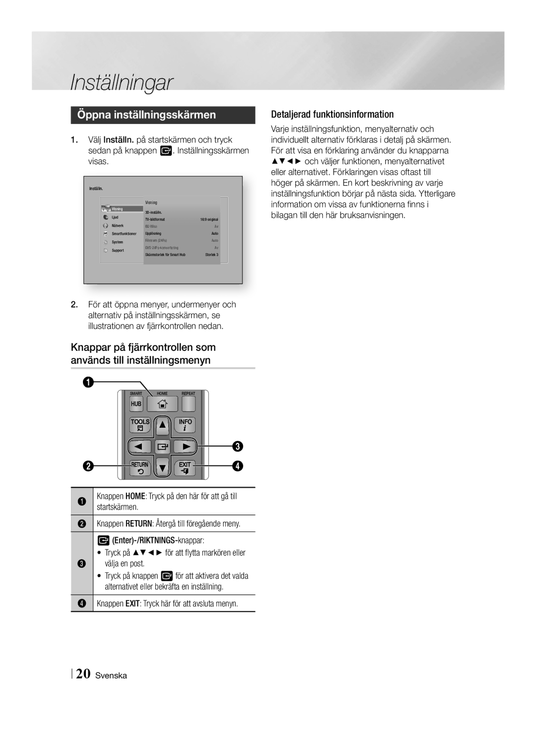 Samsung BD-F6500/XE Öppna inställningsskärmen, Detaljerad funktionsinformation, Enter-/RIKTNINGS-knappar, Välja en post 