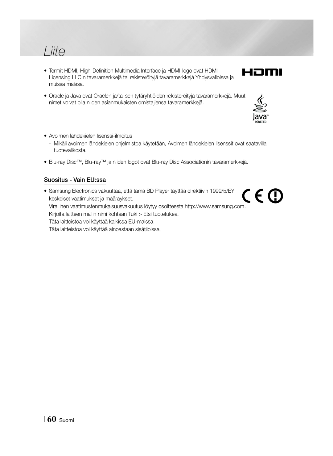 Samsung BD-F6500/XE manual Suositus Vain EUssa 