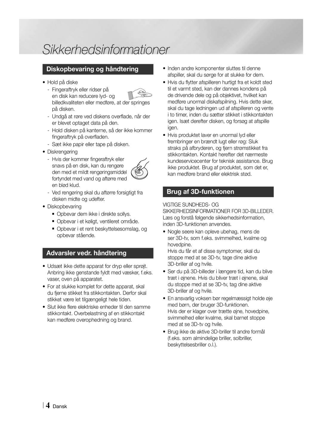 Samsung BD-F6500/XE manual Diskopbevaring og håndtering, Advarsler vedr. håndtering, Brug af 3D-funktionen 