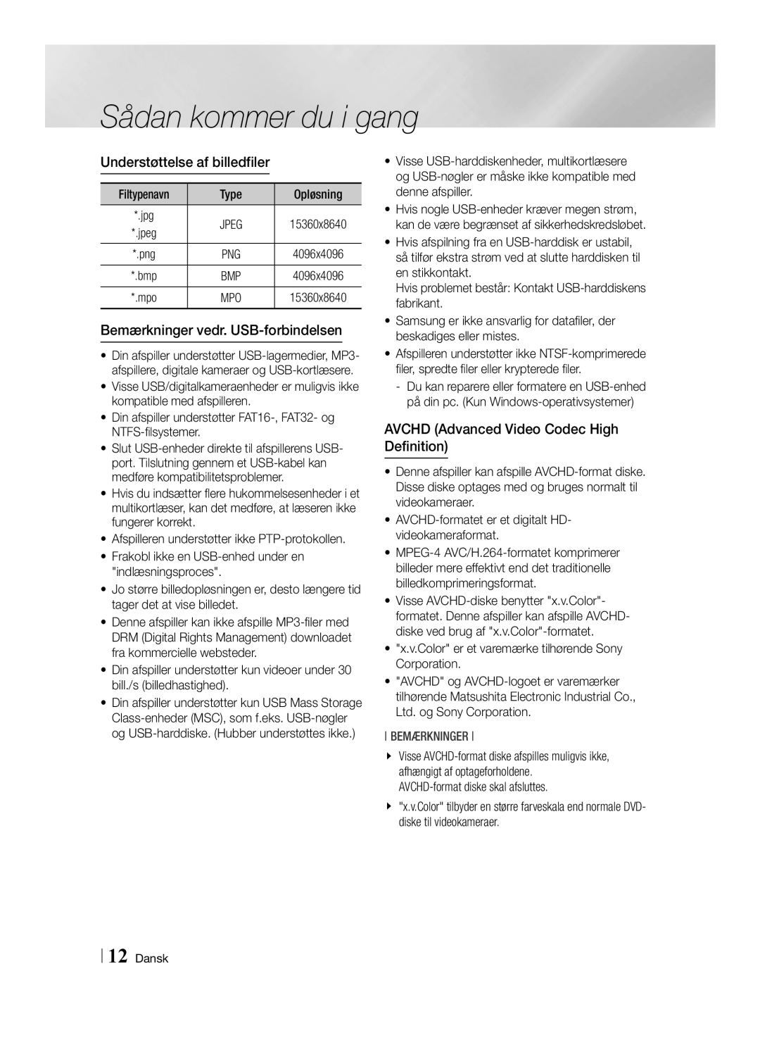 Samsung BD-F6500/XE manual Understøttelse af billedfiler, Bemærkninger vedr. USB-forbindelsen, Opløsning 