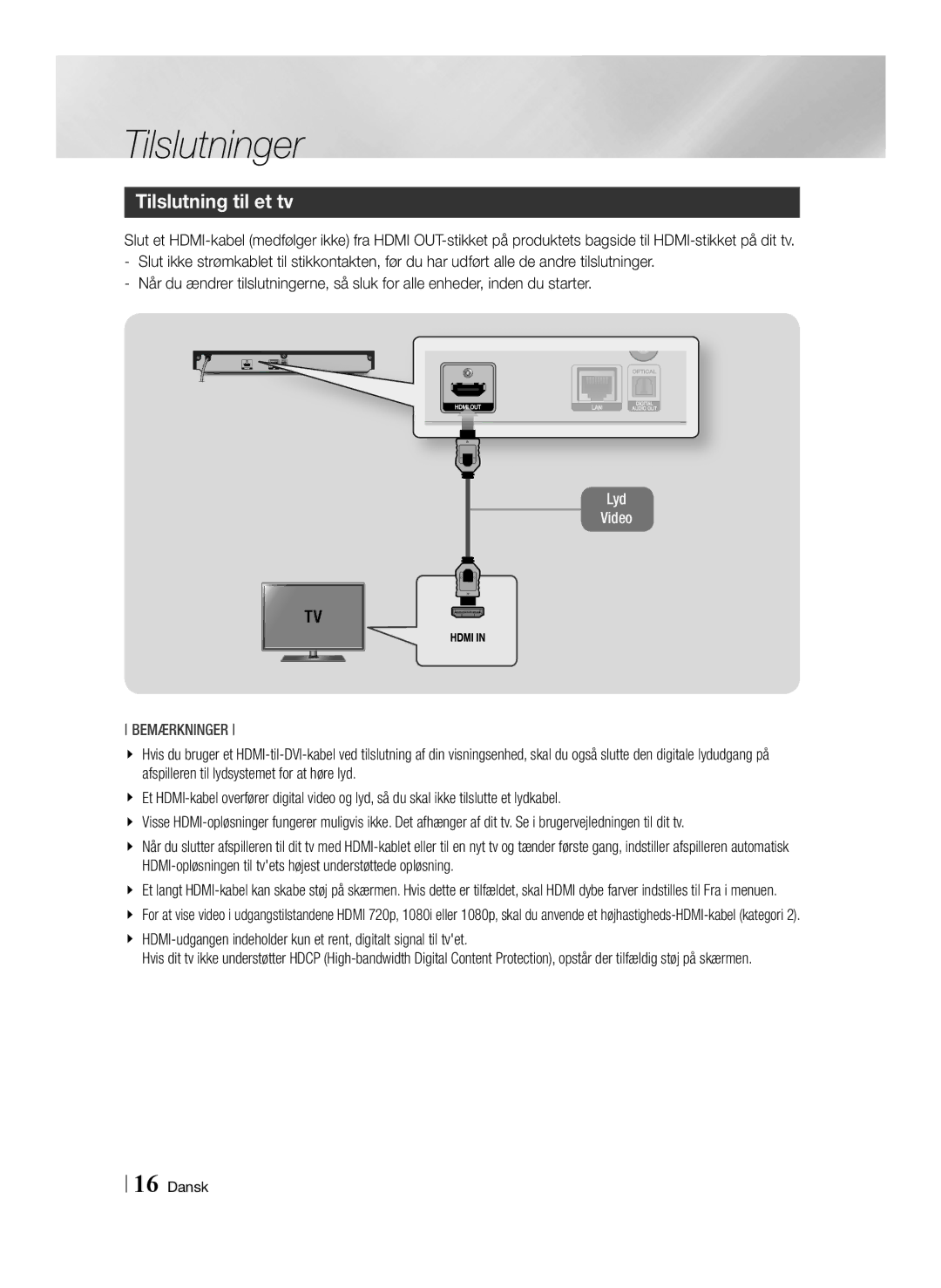 Samsung BD-F6500/XE manual Tilslutninger, Tilslutning til et tv 