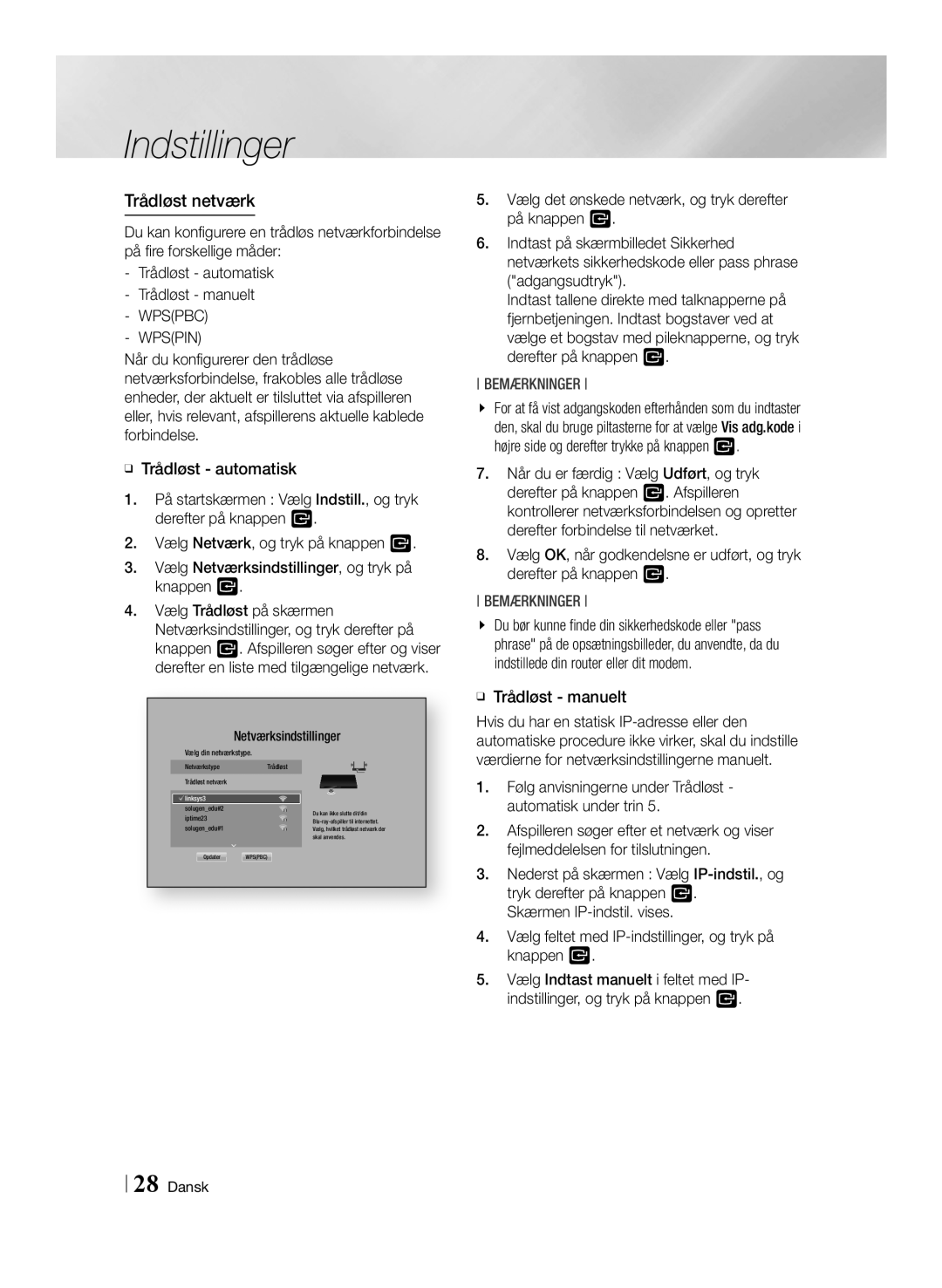 Samsung BD-F6500/XE manual Trådløst netværk, ĞĞ Trådløst manuelt, Værdierne for netværksindstillingerne manuelt 