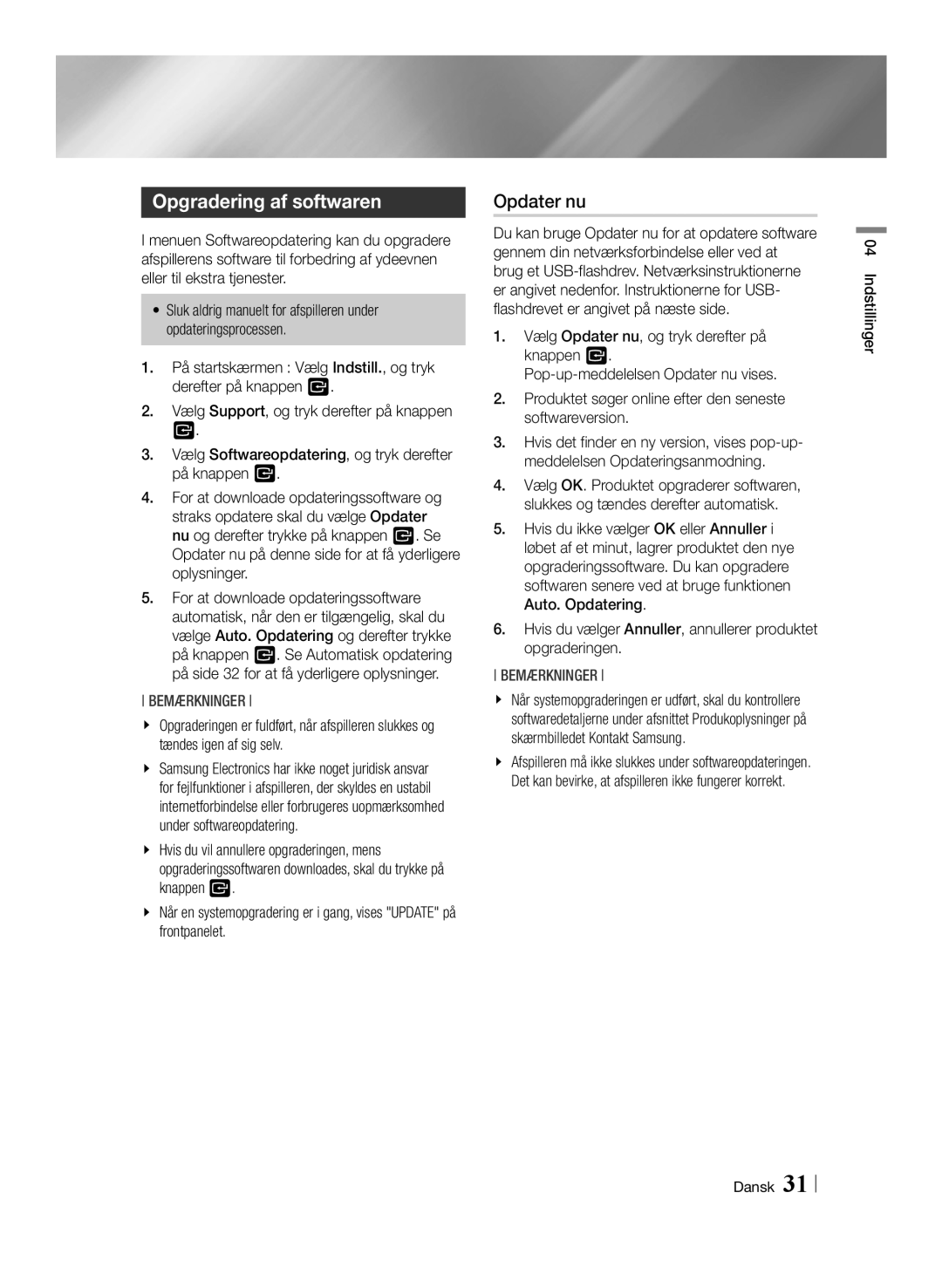 Samsung BD-F6500/XE manual Opgradering af softwaren, Opdater nu 